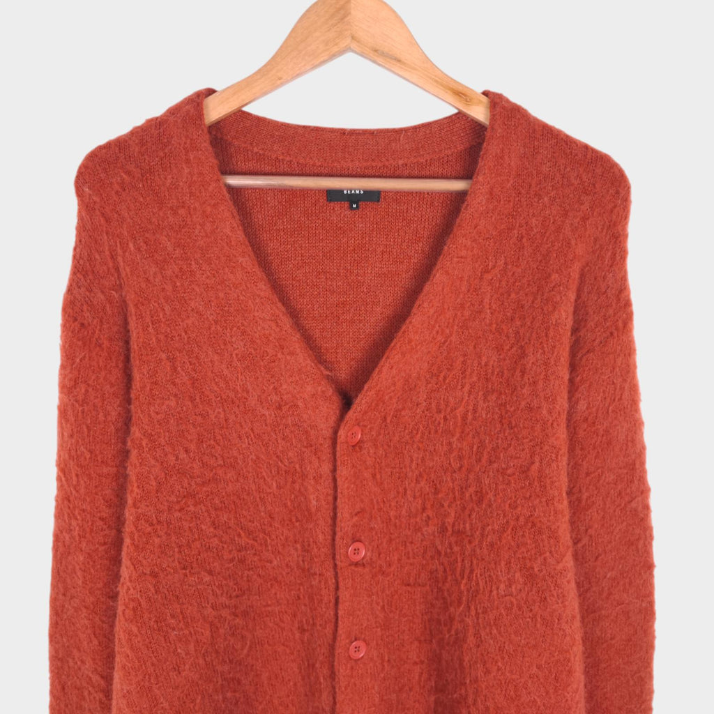 BEAMS Men's Orange Mohair Blend Shaggy Grunge Cardigan