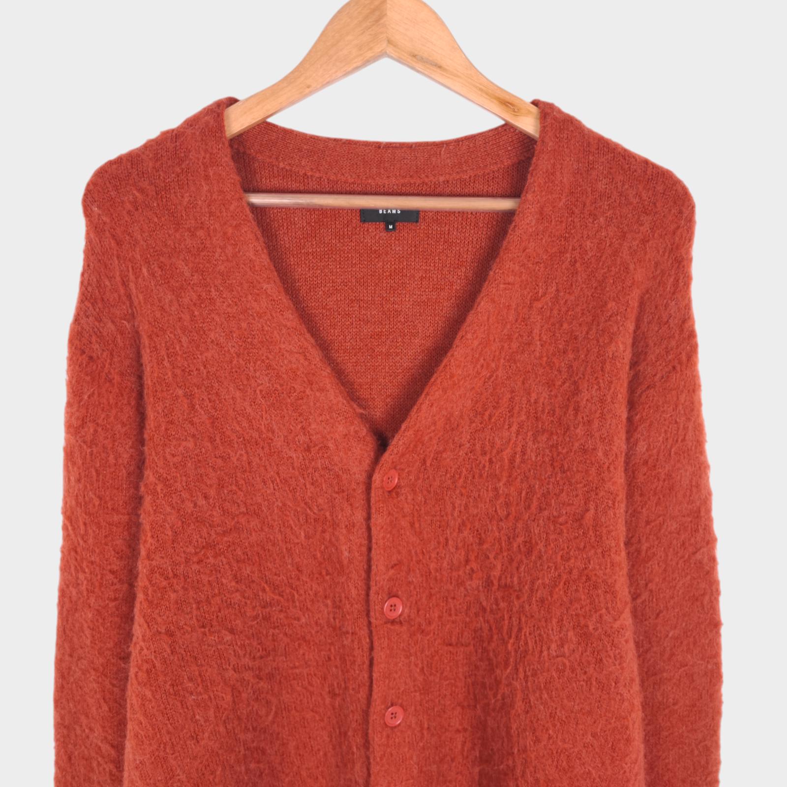 BEAMS Men's Orange Mohair Blend Shaggy Grunge Cardigan
