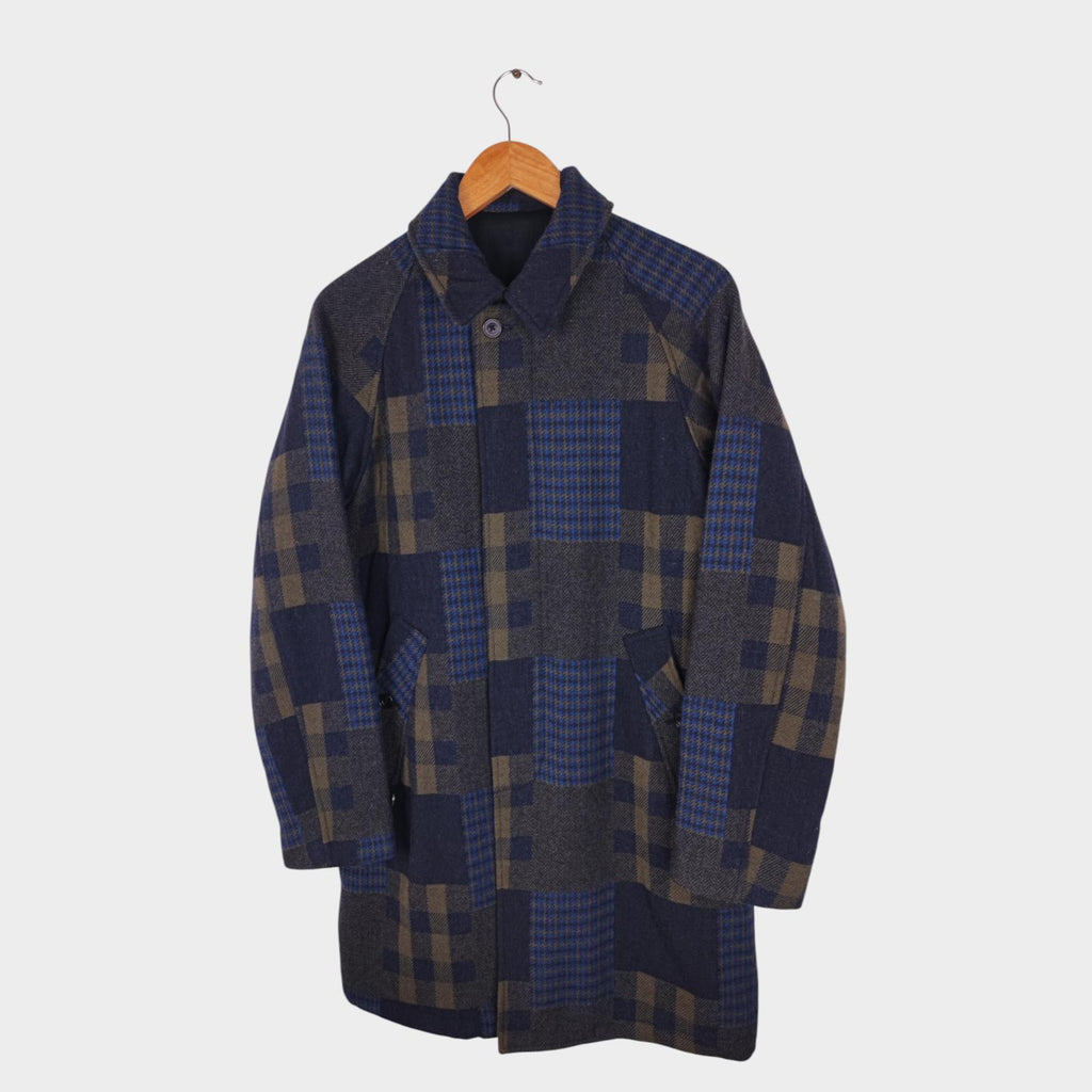 BEAMS PLUS Men's Navy Blue 100% Wool Patchwork Coat