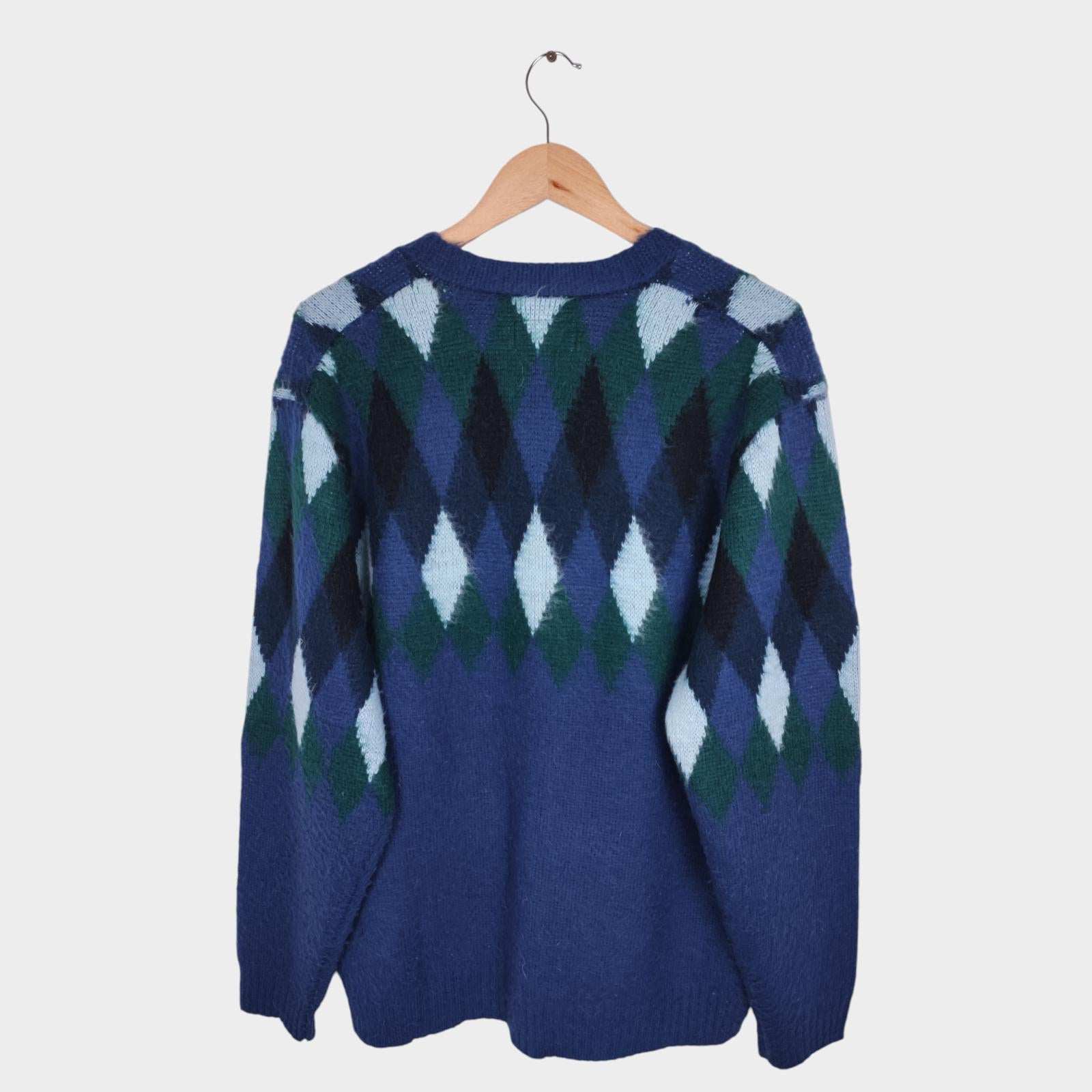 BEAMS PLUS Men's Mohair Blend Shaggy Grunge Argyle Cardigan