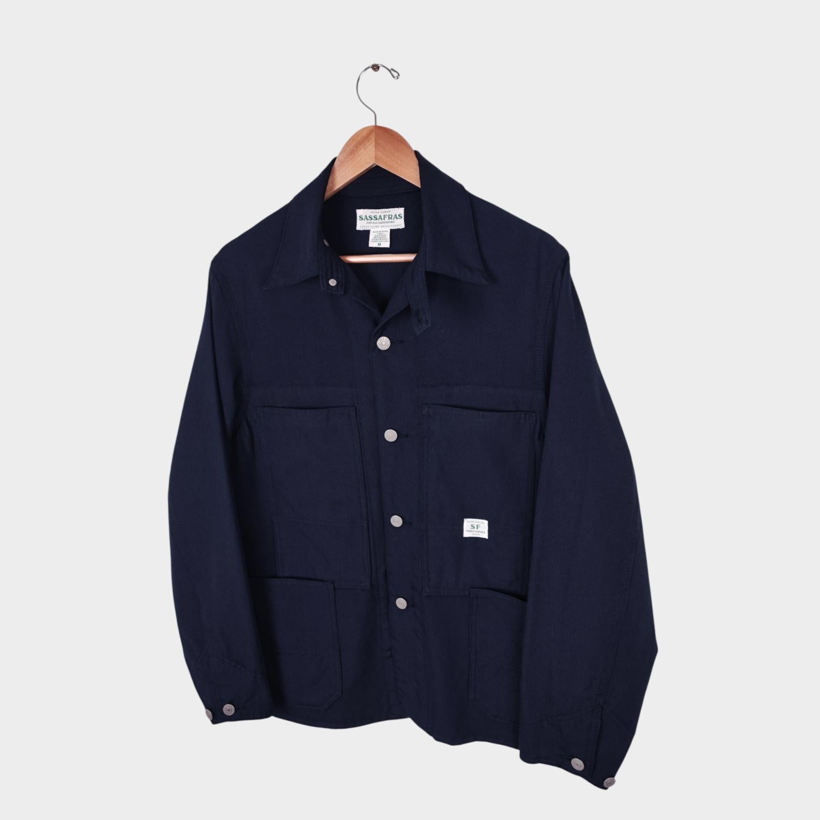 SASSAFRAS Men's Made in Japan Navy Blue 100% Wool Transplant Chore Jacket