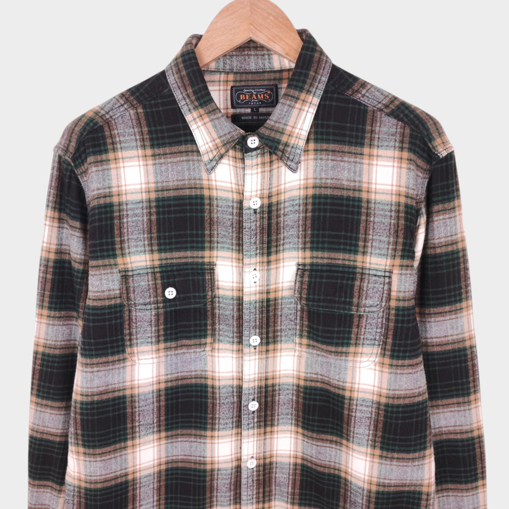 BEAMS PLUS Men's Made in Japan Cotton Wool Blend Checked Flannel Shirt