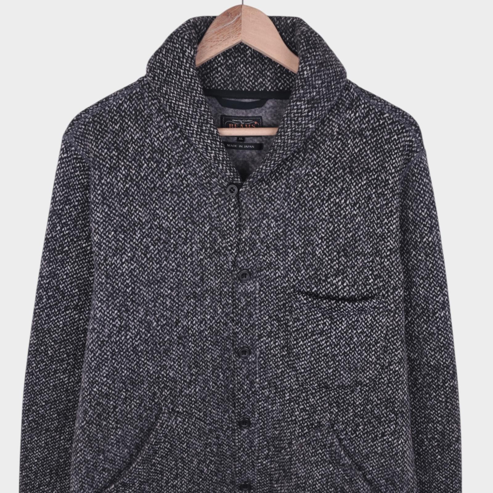 BEAMS PLUS Men's Dark Grey Melange Shawl Collar Fleece Lined Cardigan Jacket