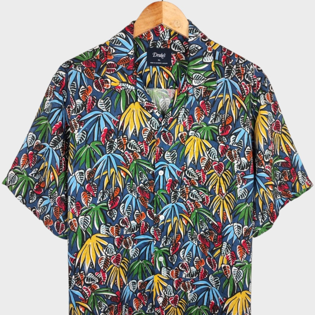 DRAKE'S Men's Leaves Print Linen Camp Collar Shirt