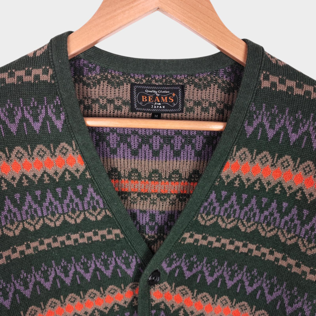 BEAMS PLUS Men's Multicoloured Fairisle Ramie Cotton Blend Cardigan