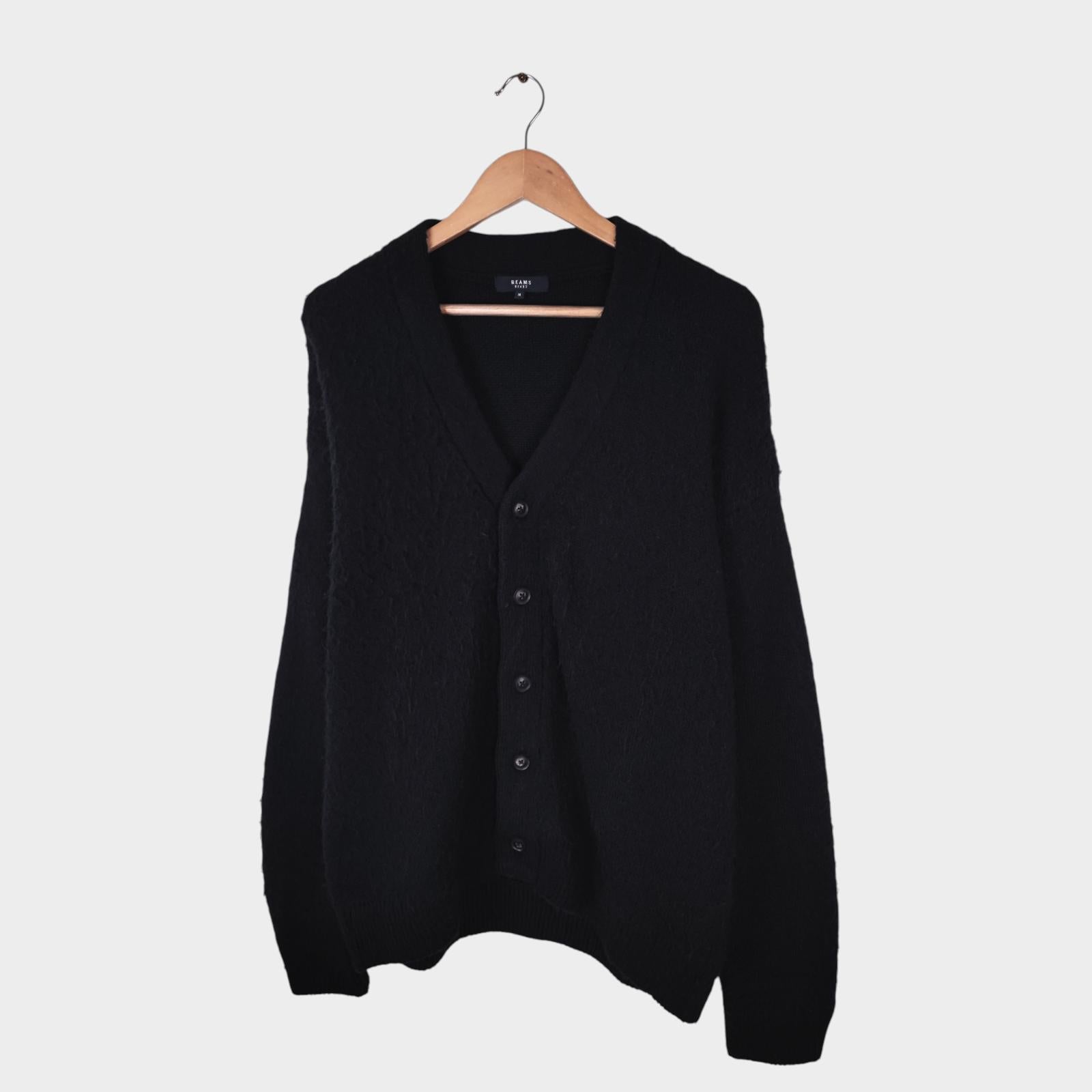 BEAMS HEART Men's Black Mohair Blend Shaggy Grunge Cardigan