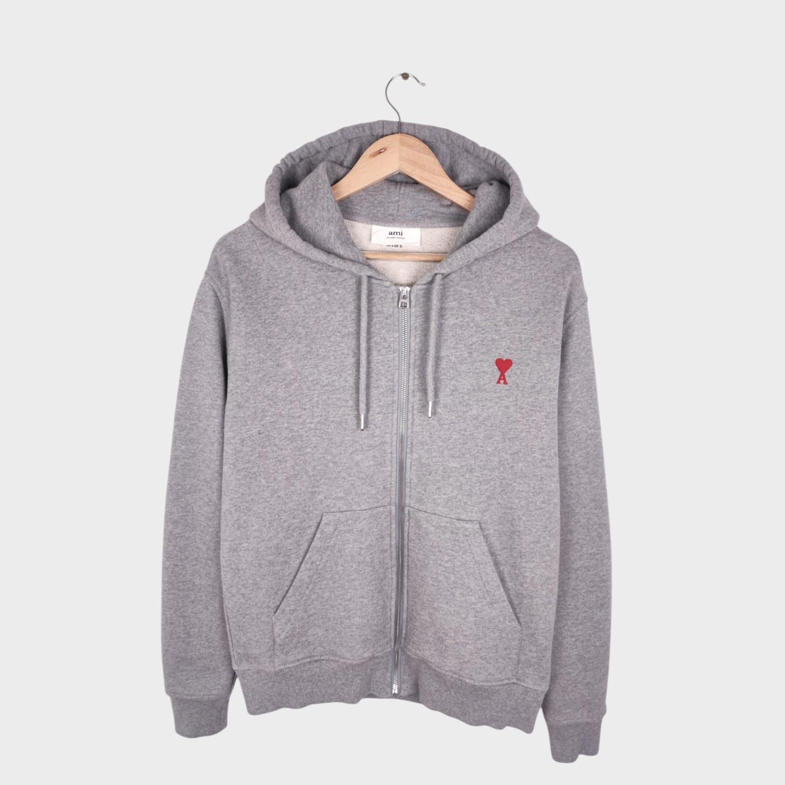 AMI PARIS Men's Grey Embroidered Heart Heavyweight Zip Hoodie