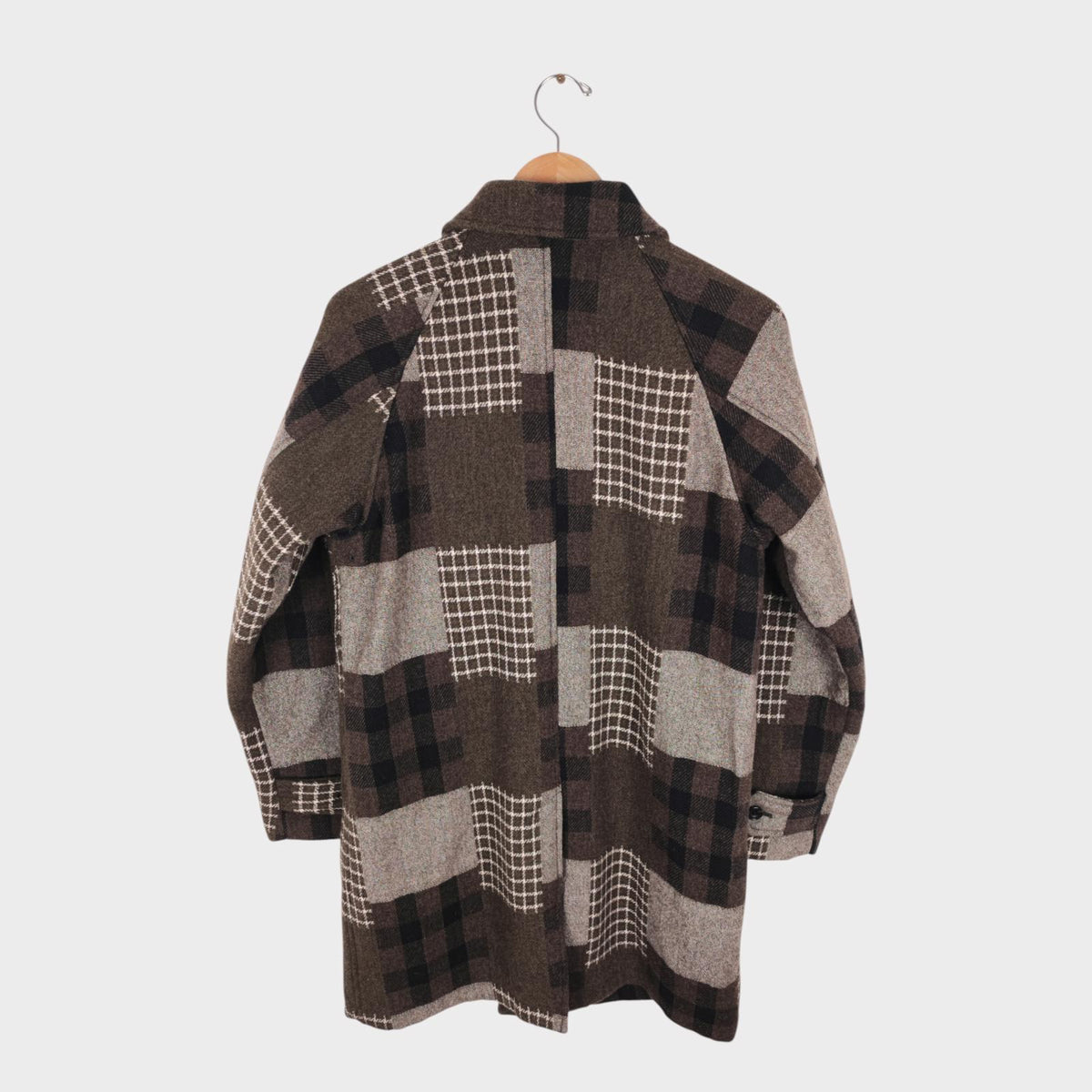 BEAMS PLUS Men's Khaki/Brown 100% Wool Patchwork Coat