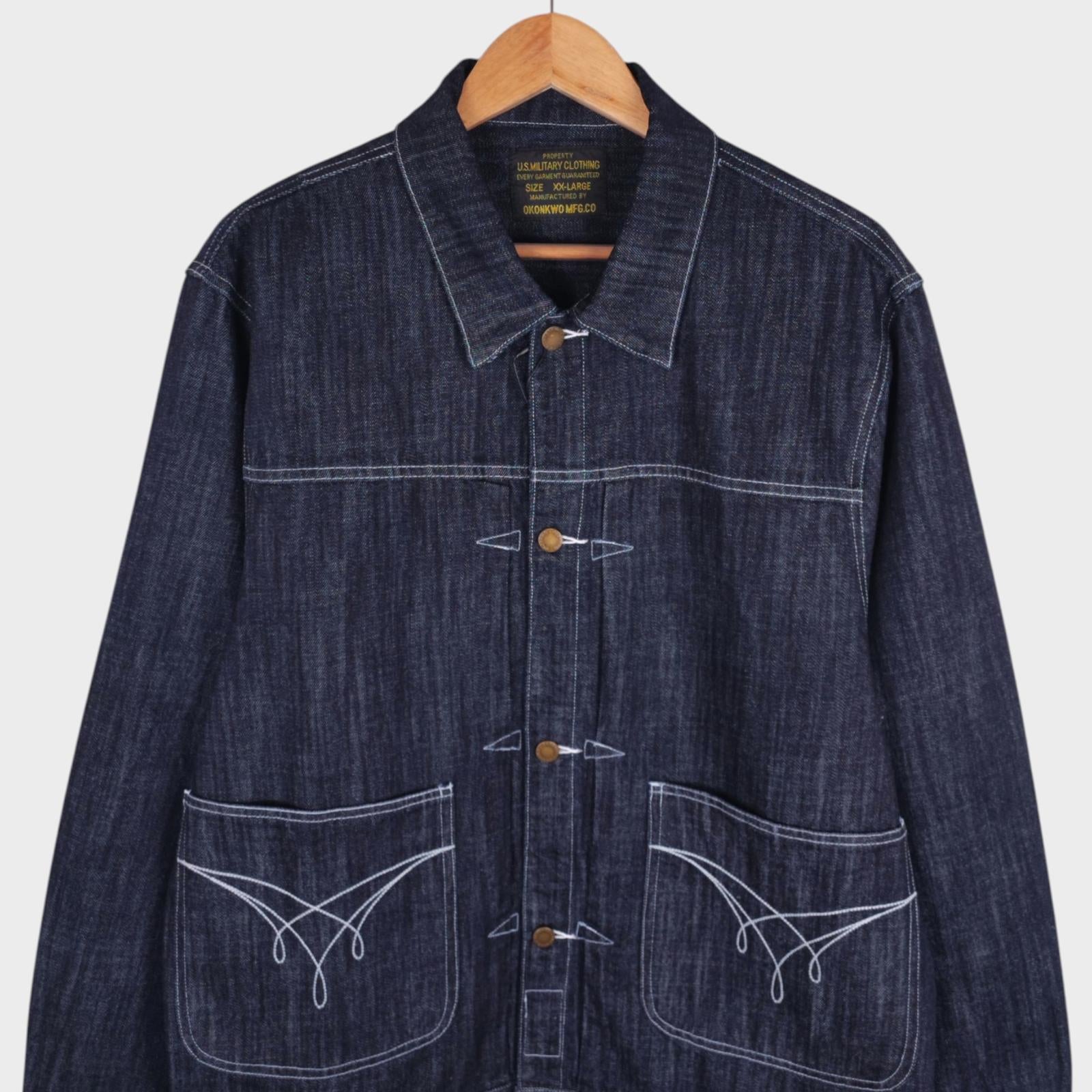 OKONKWO MFG Men's Dark Blue Embroidered Western Denim Jacket