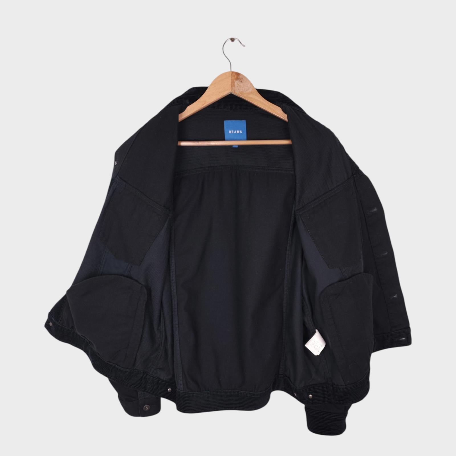 BEAMS Men's Black Corduroy Patchwork Trucker Jacket