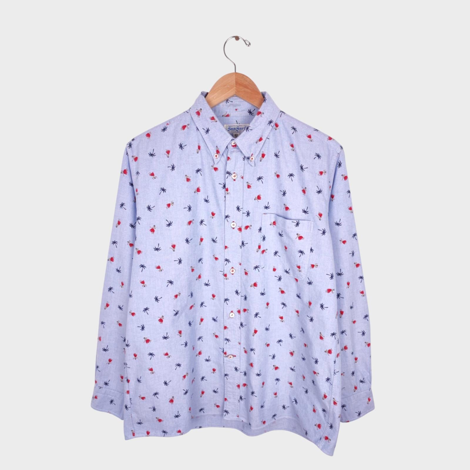 SUN SURF Men's Blue Hawaiian Print Button Down Oxford Shirt