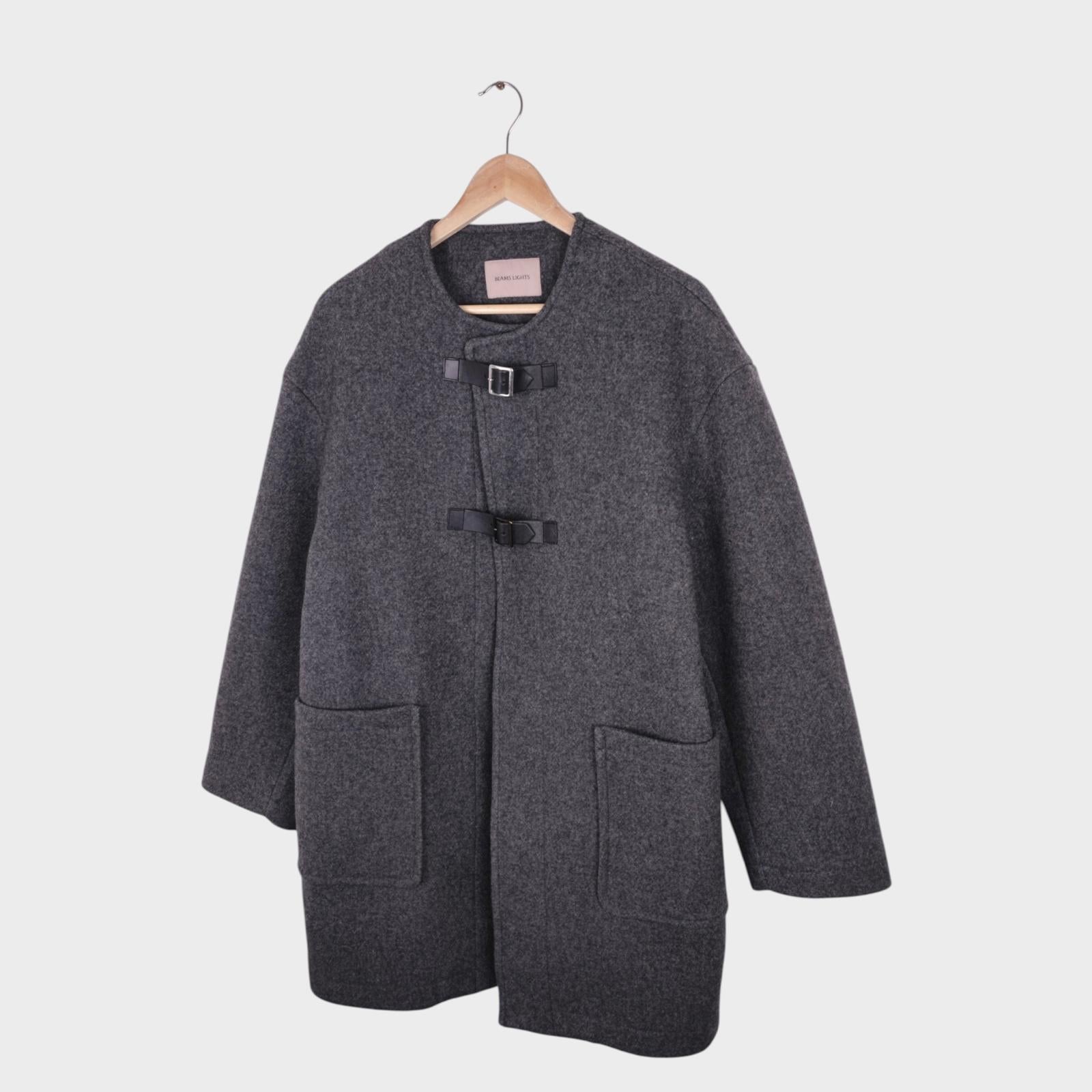 BEAMS LIGHTS Men's Grey Melton Wool Buckle Fastening Collarless Coat