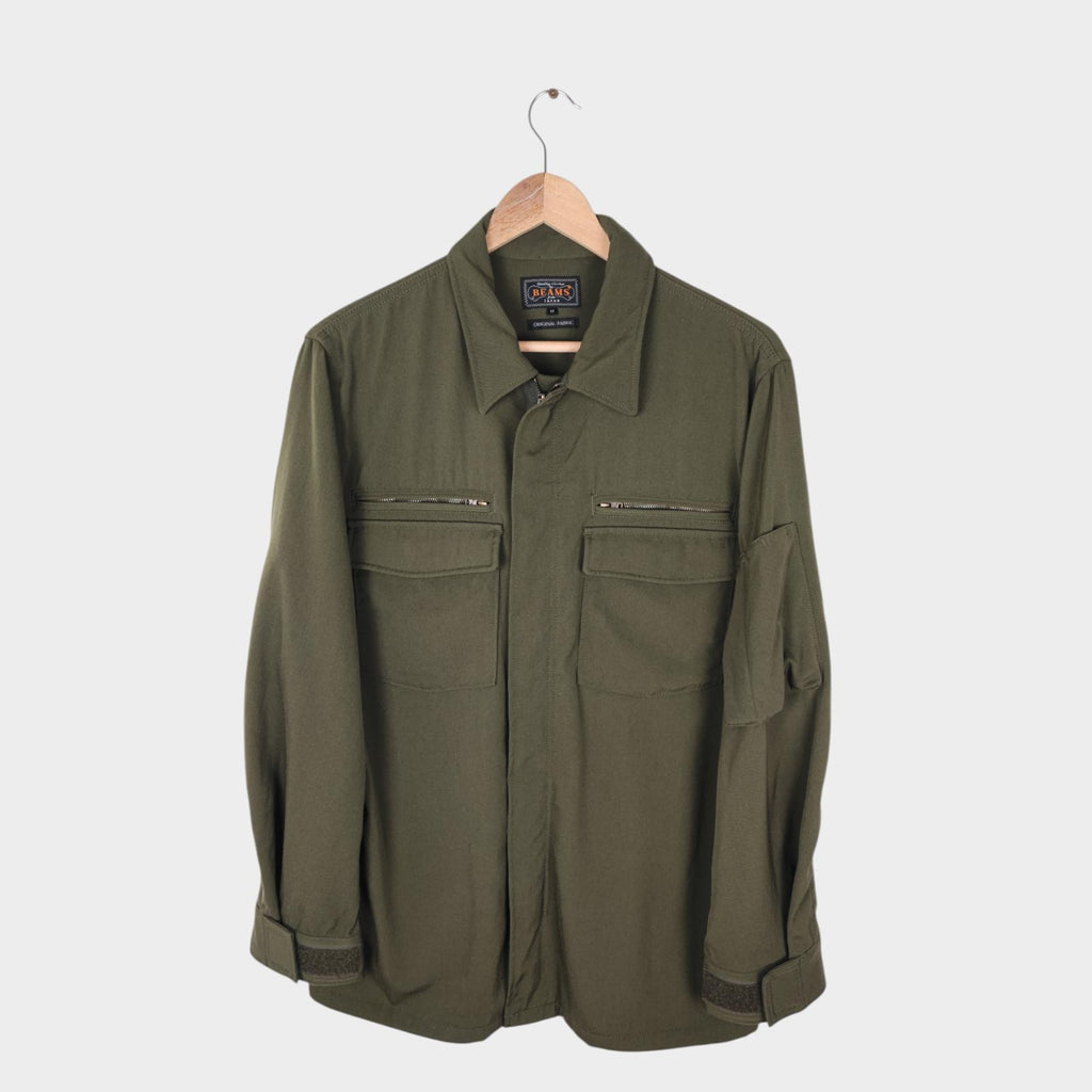 BEAMS PLUS Men's Green 100% Wool Military Zip Blouson Jacket