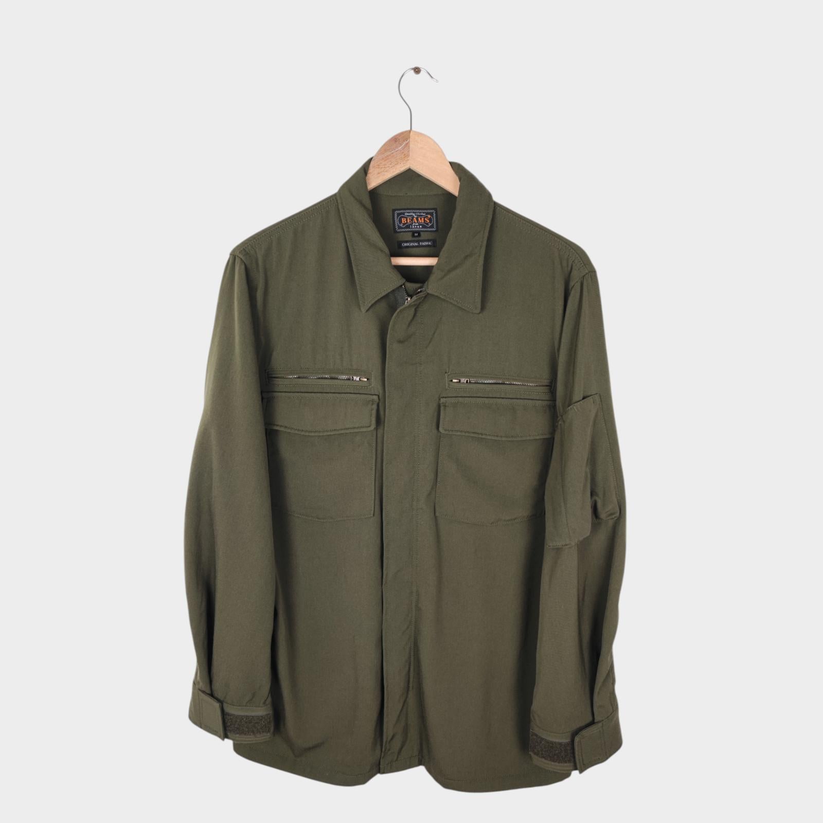 BEAMS PLUS Men's Green 100% Wool Military Zip Blouson Jacket