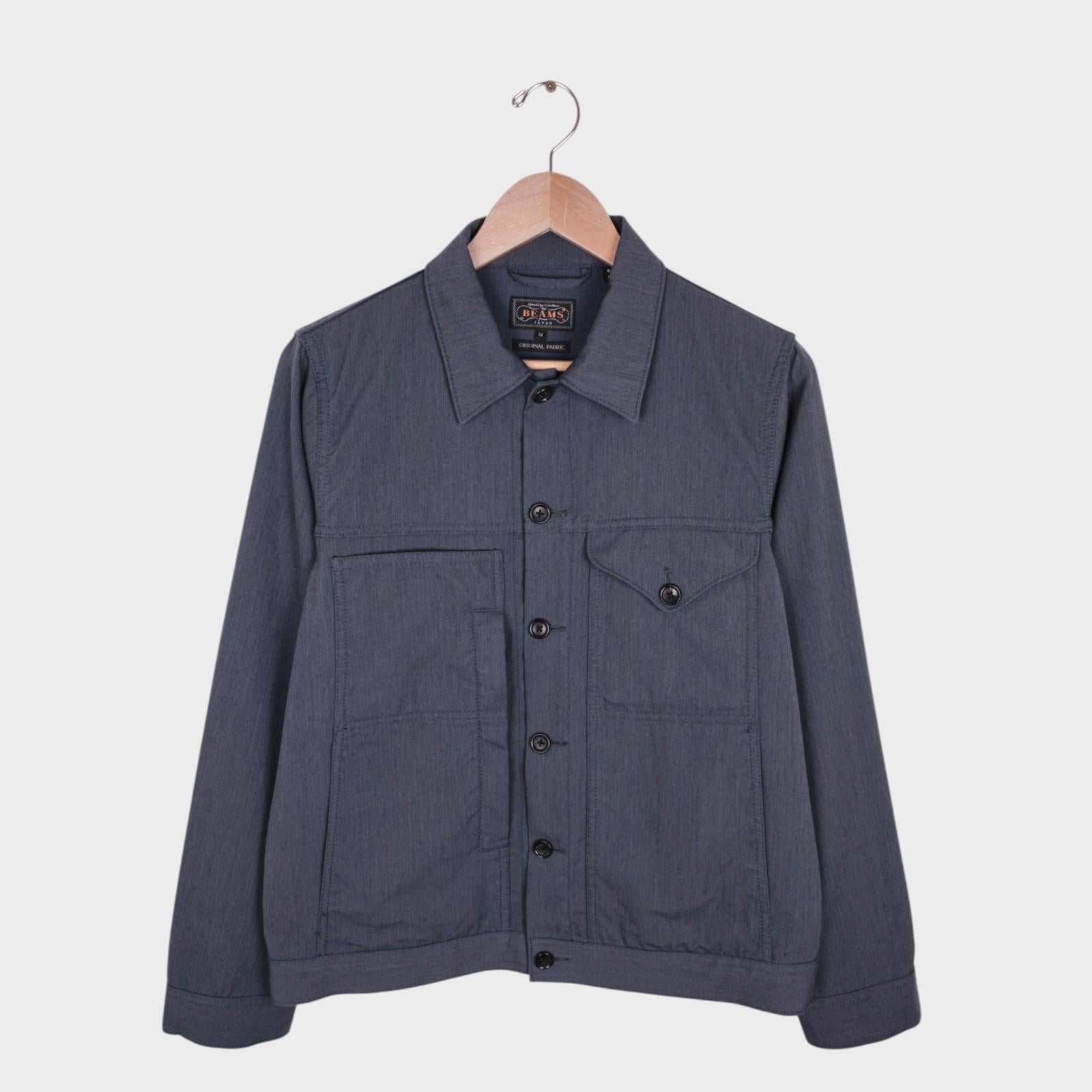 BEAMS PLUS Men's Grey Wool Blend Cordura Fabric Trucker Jacket