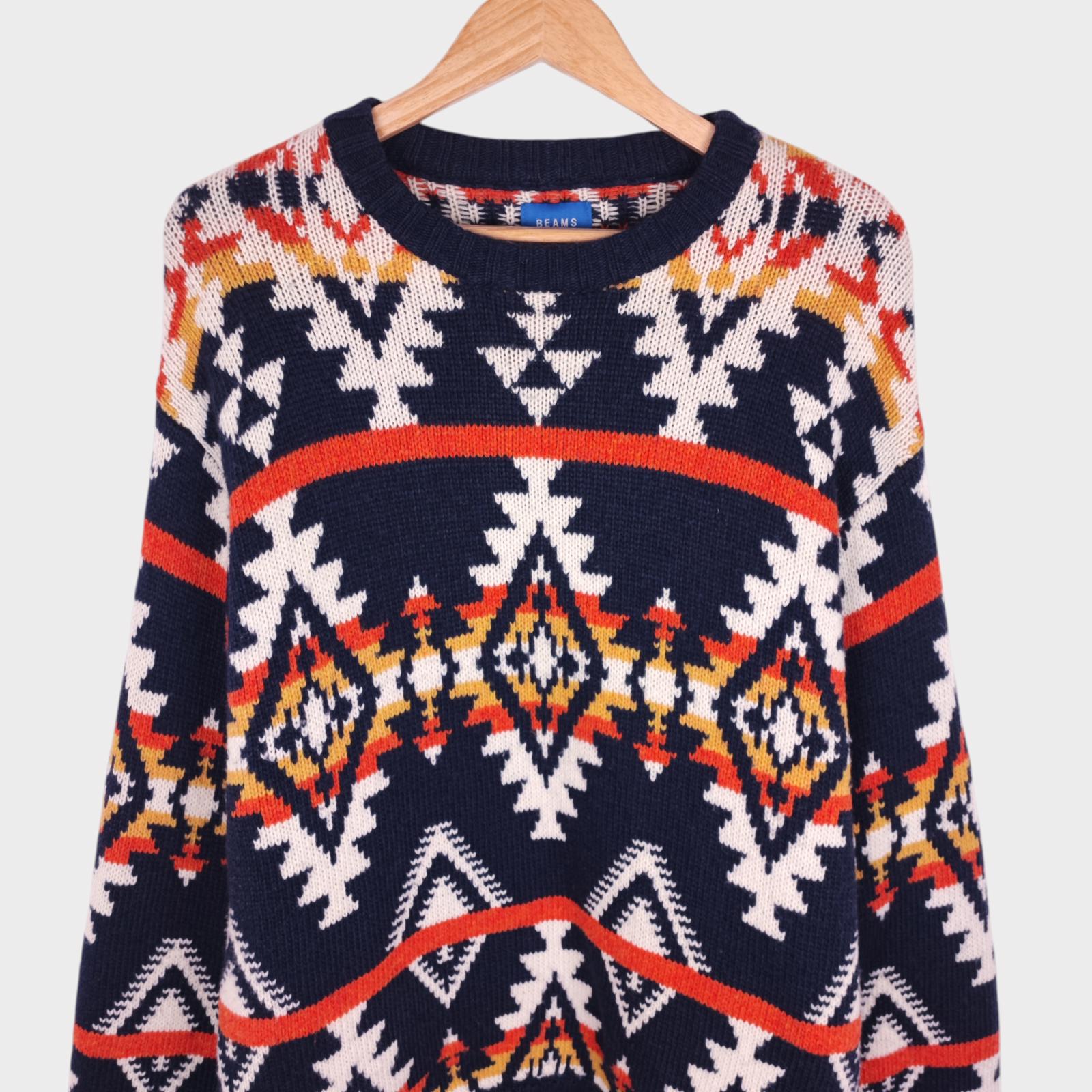 BEAMS Men's Wool Blend Relaxed Fit Navajo Jacquard Print Jumper