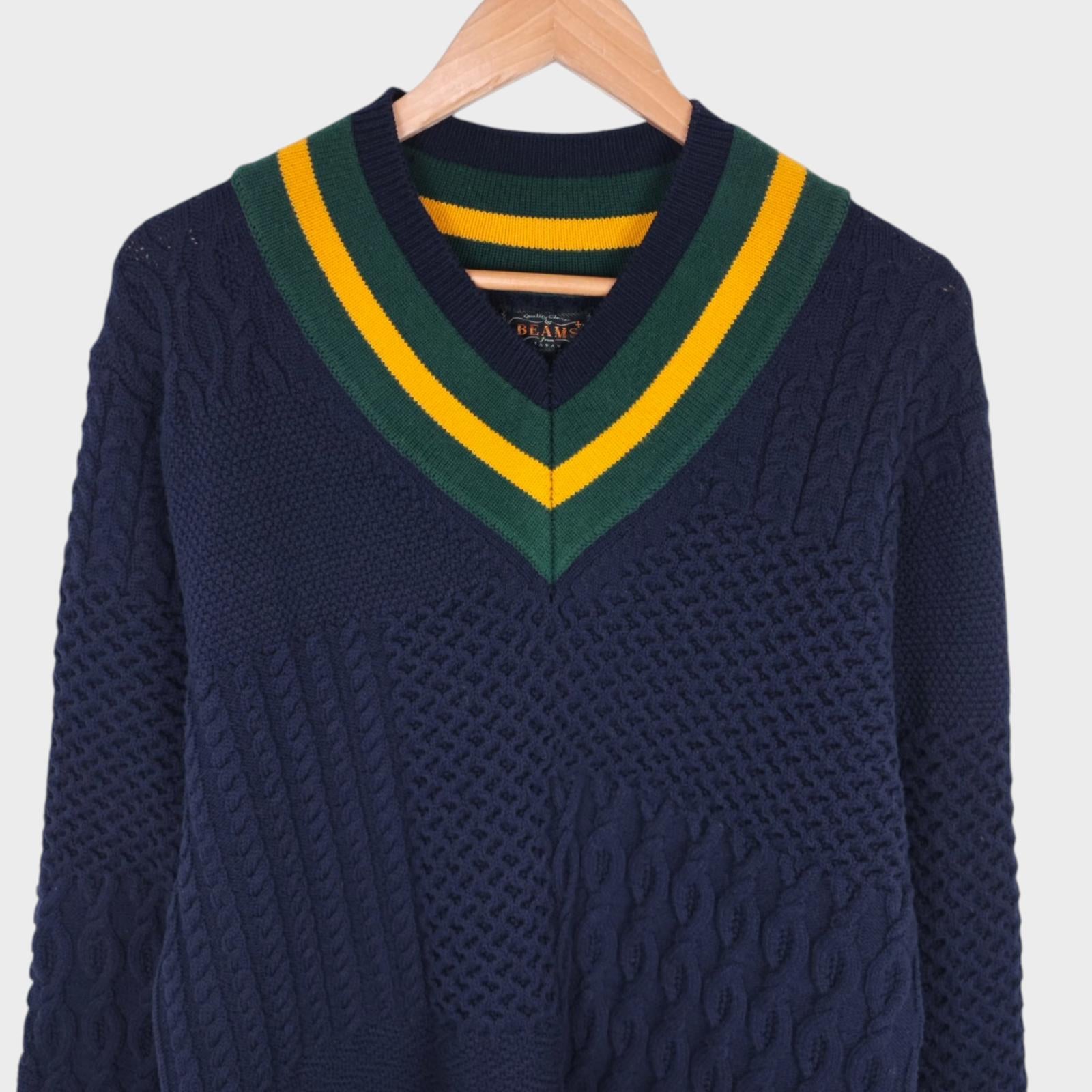 BEAMS PLUS Men's Cotton Blend Cable Knit V-Neck Cricket Jumper