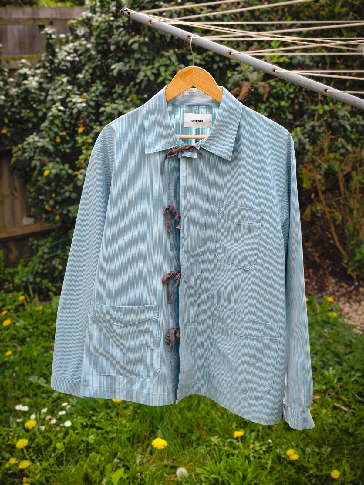 JOHNBULL Japan Men's Light Blue Striped Tie Fastening Chore Overshirt Jacket