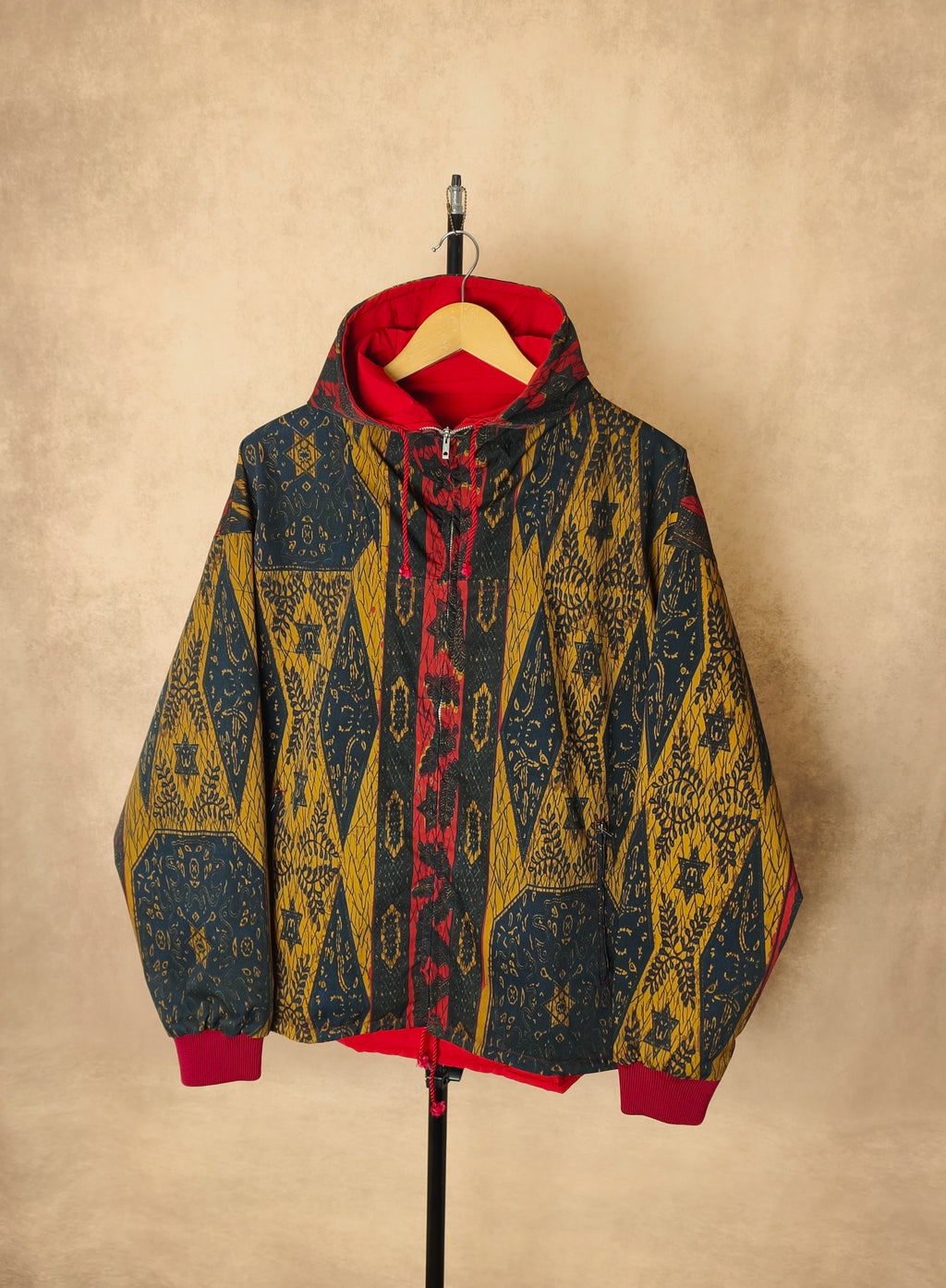 BEAMS PLUS Men's Batik Print Reversible Hooded Parka Jacket