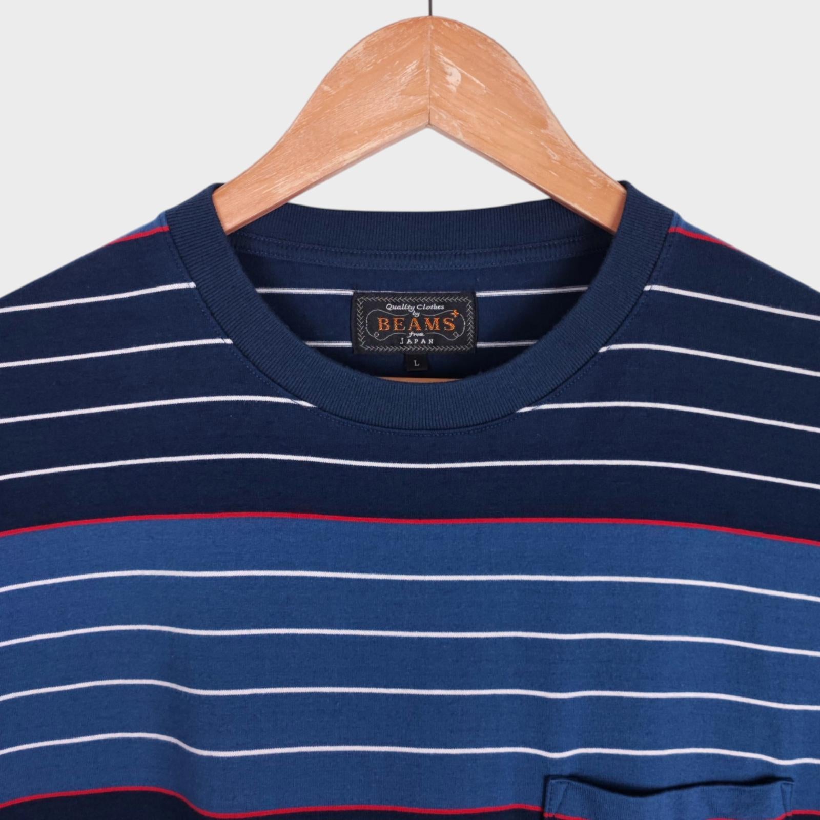 BEAMS PLUS Men's Multicoloured Striped 100% Cotton Chest Pocket T-Shirt