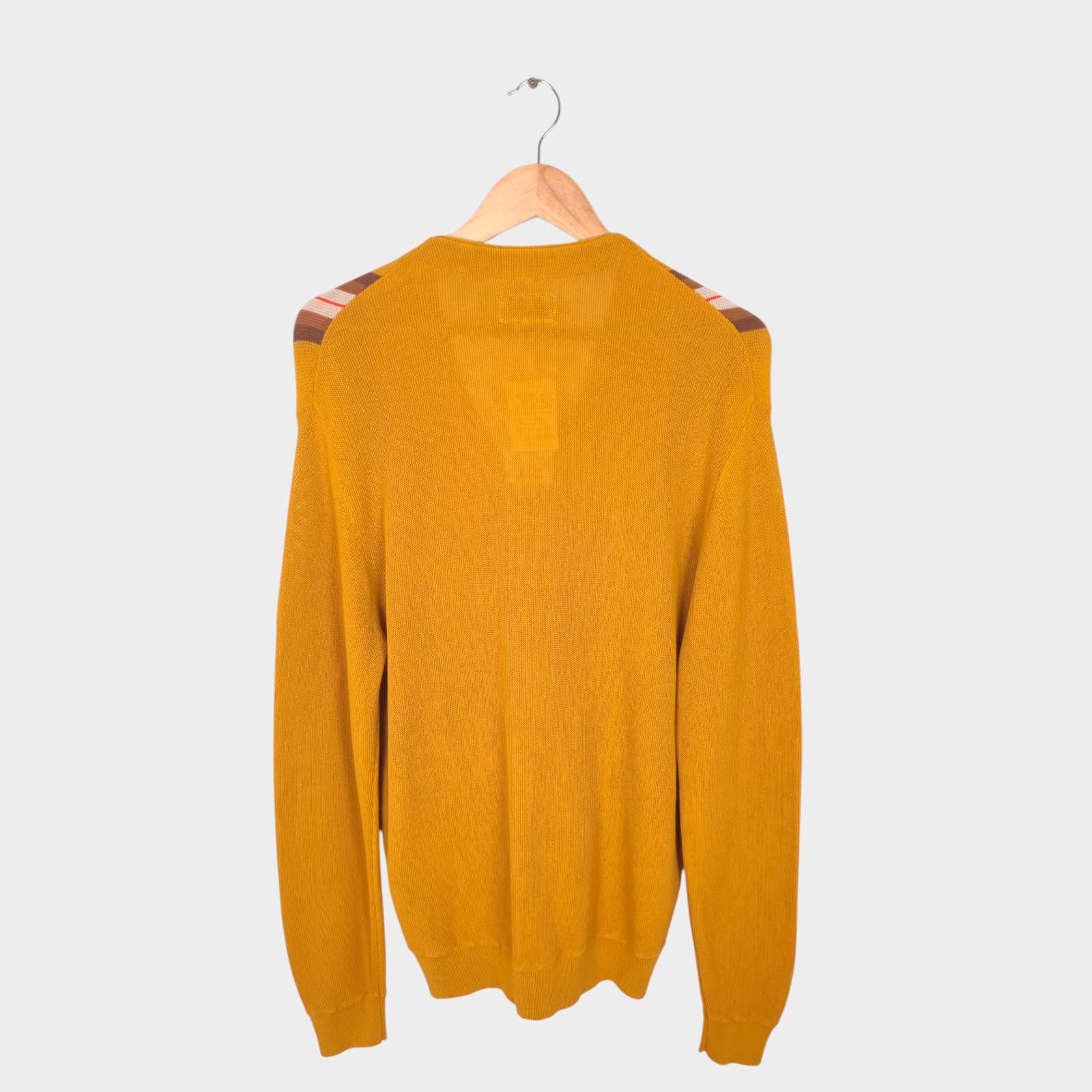 BEAMS PLUS Men's Yellow Jacquard Stripe Cotton Knitted Cardigan