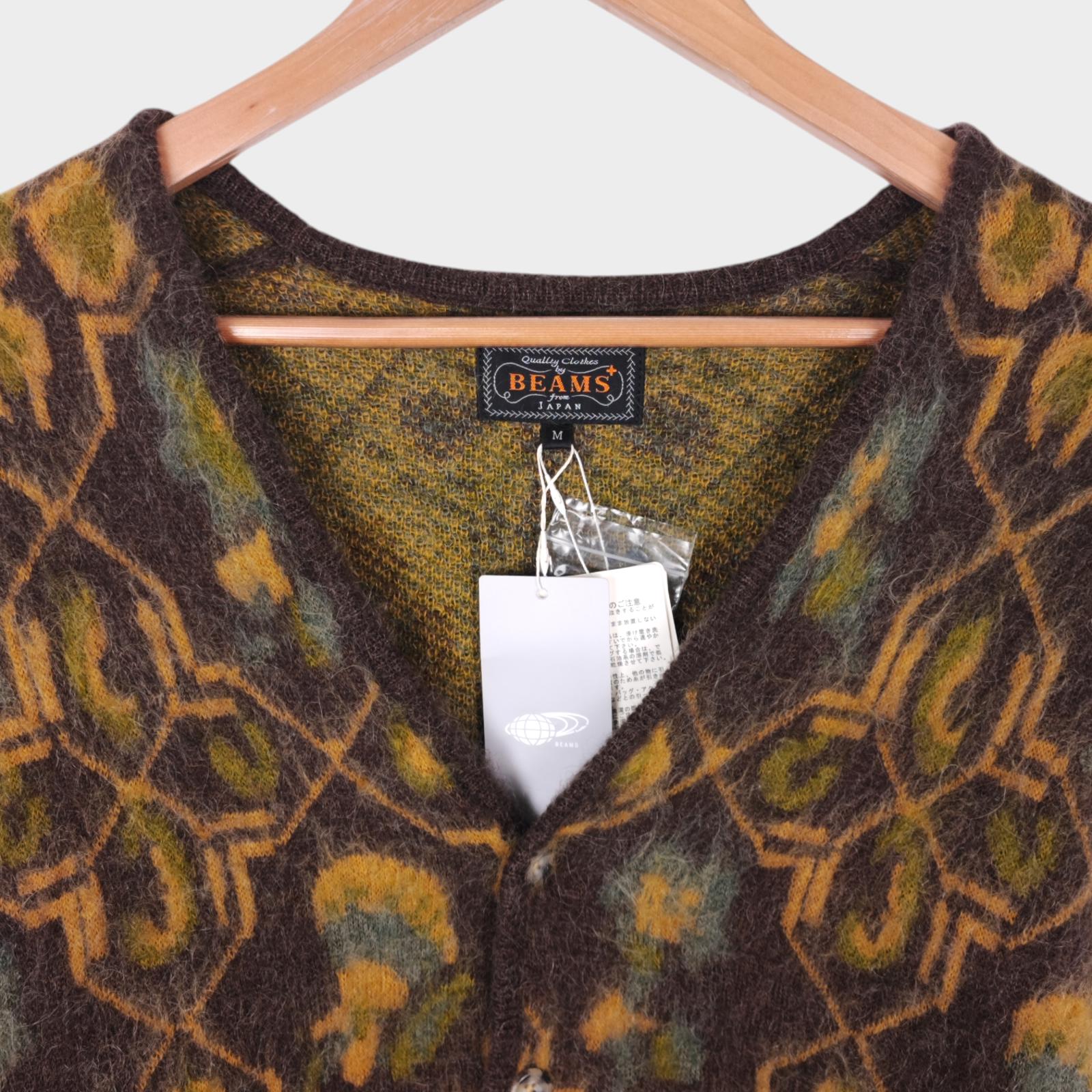 BEAMS PLUS Men's Mohair Blend Shaggy Grunge Botanical Jacquard Cardigan