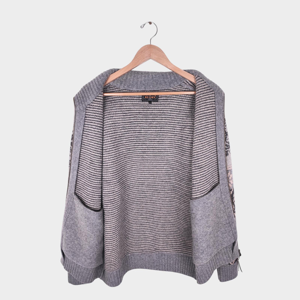BEAMS PLUS Men's Grey 100% Heavyweight Wool Jacquard Patchwork Jacket