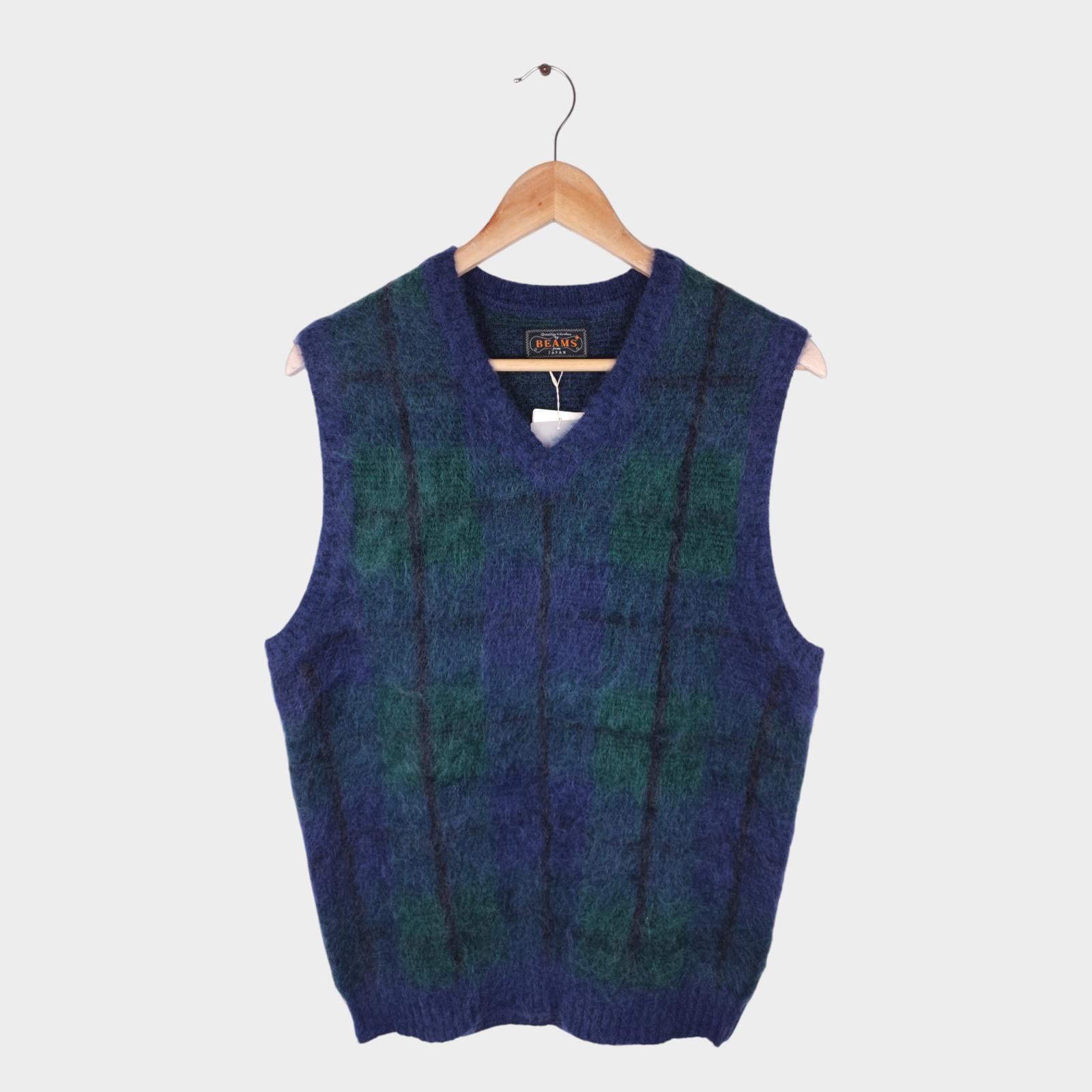 BEAMS PLUS Men's Navy/Green Check Shaggy Mohair Wool Blend Vest