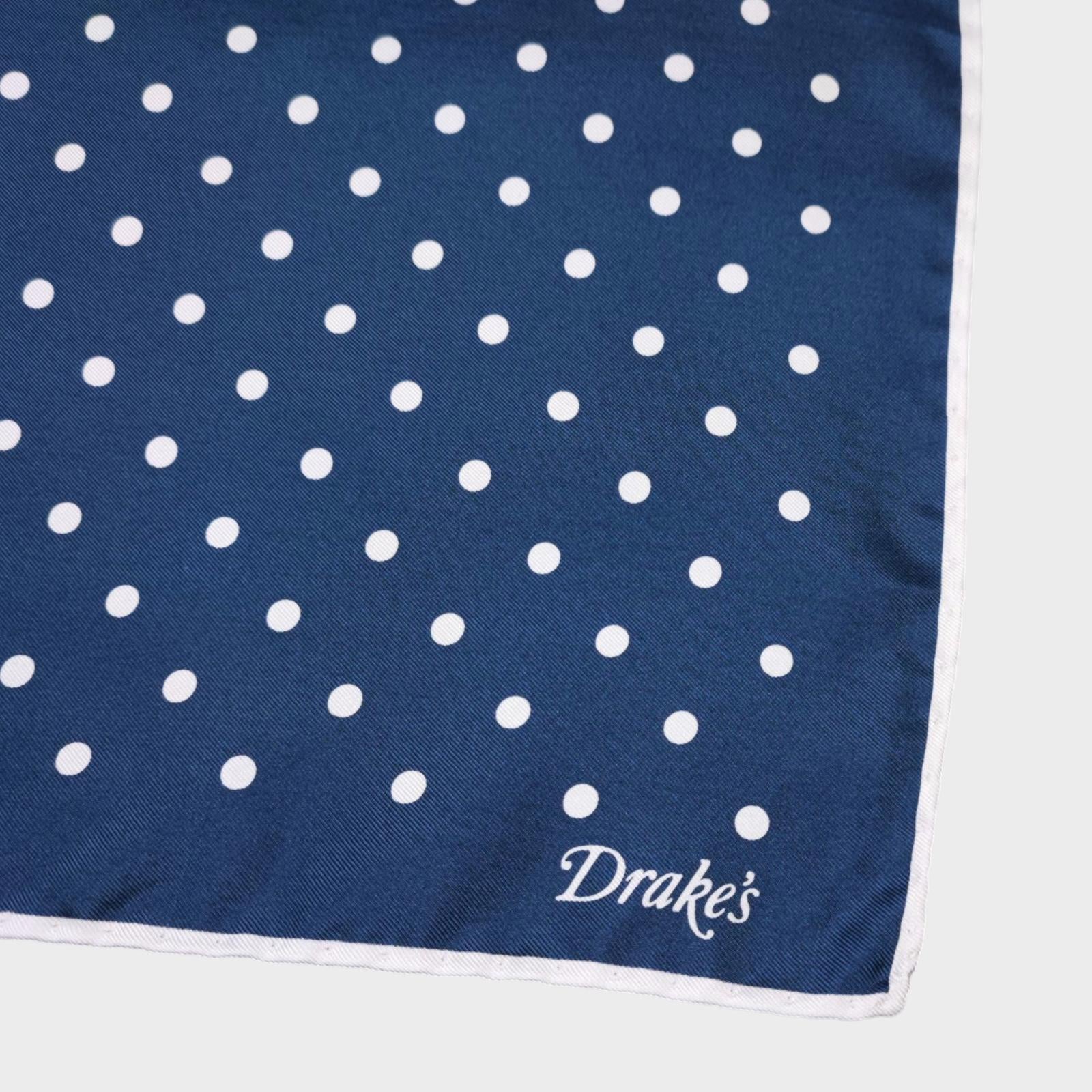 DRAKE'S 100% Silk Navy Made in Italy Polka Dot Print Pocket Square