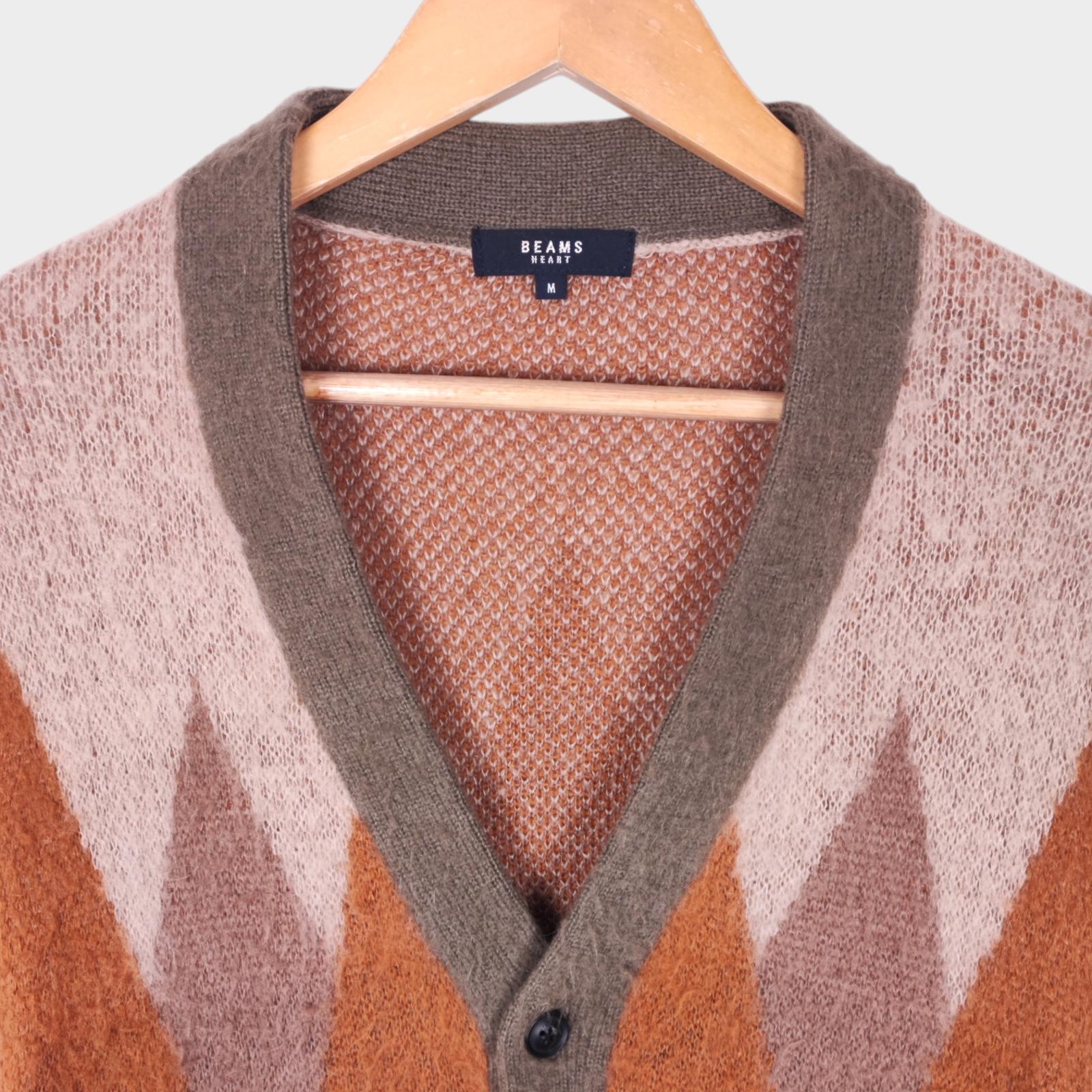 BEAMS HEART Men's Mohair Blend Shaggy Grunge Argyle Cardigan