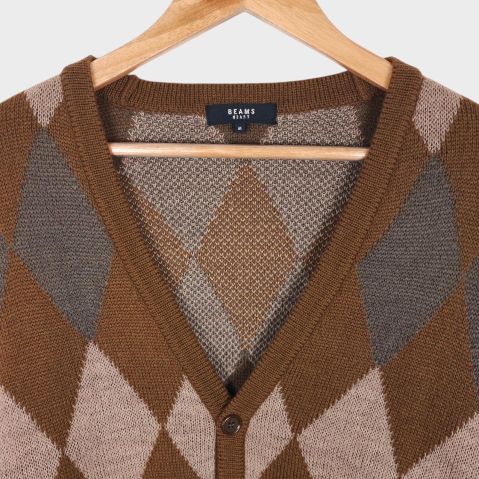 BEAMS HEART Men's Made in Japan Argyle Wool Blend Cardigan