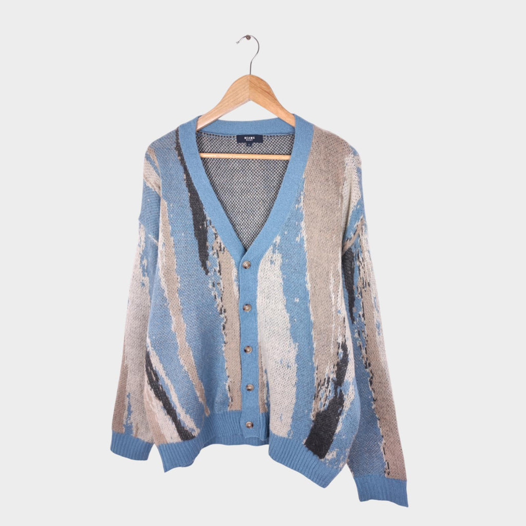 BEAMS HEART Men's Blue Marble Jacquard Shaggy Grunge Cardigan
