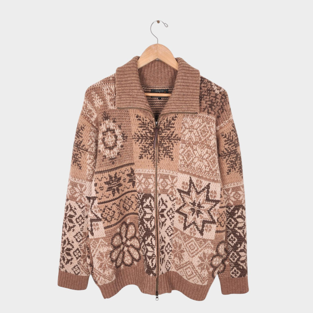 BEAMS PLUS Men's Beige 100% Heavyweight Wool Jacquard Patchwork Jacket