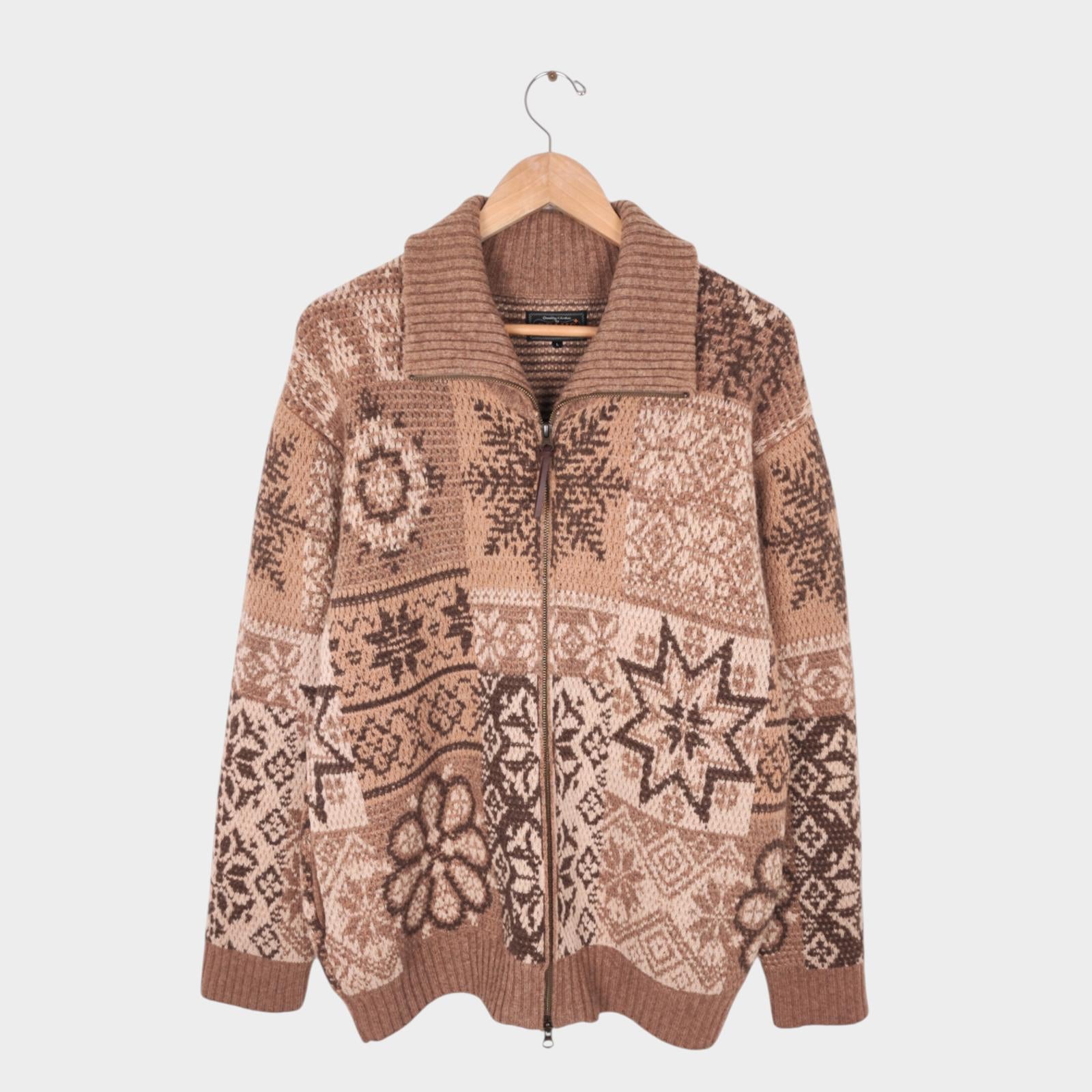 BEAMS PLUS Men's Beige 100% Heavyweight Wool Jacquard Patchwork Jacket