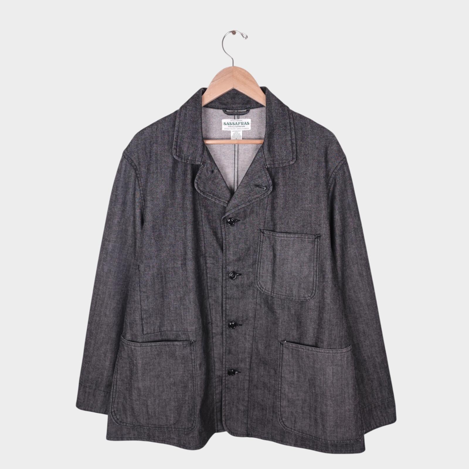 SASSAFRAS Men's Made in Japan Grey Denim Sprayer Chore Jacket