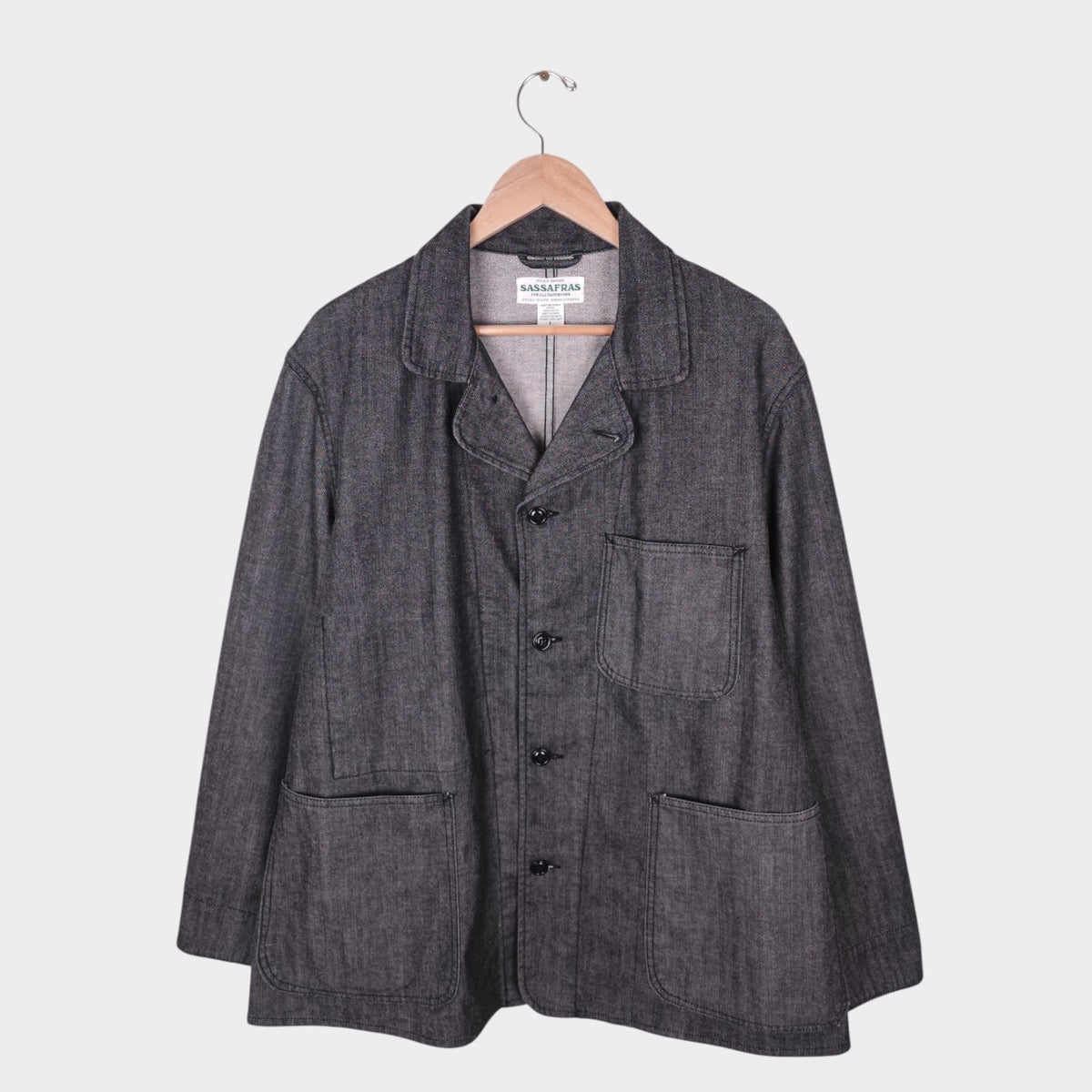 SASSAFRAS Men's Made in Japan Grey Denim Sprayer Chore Jacket