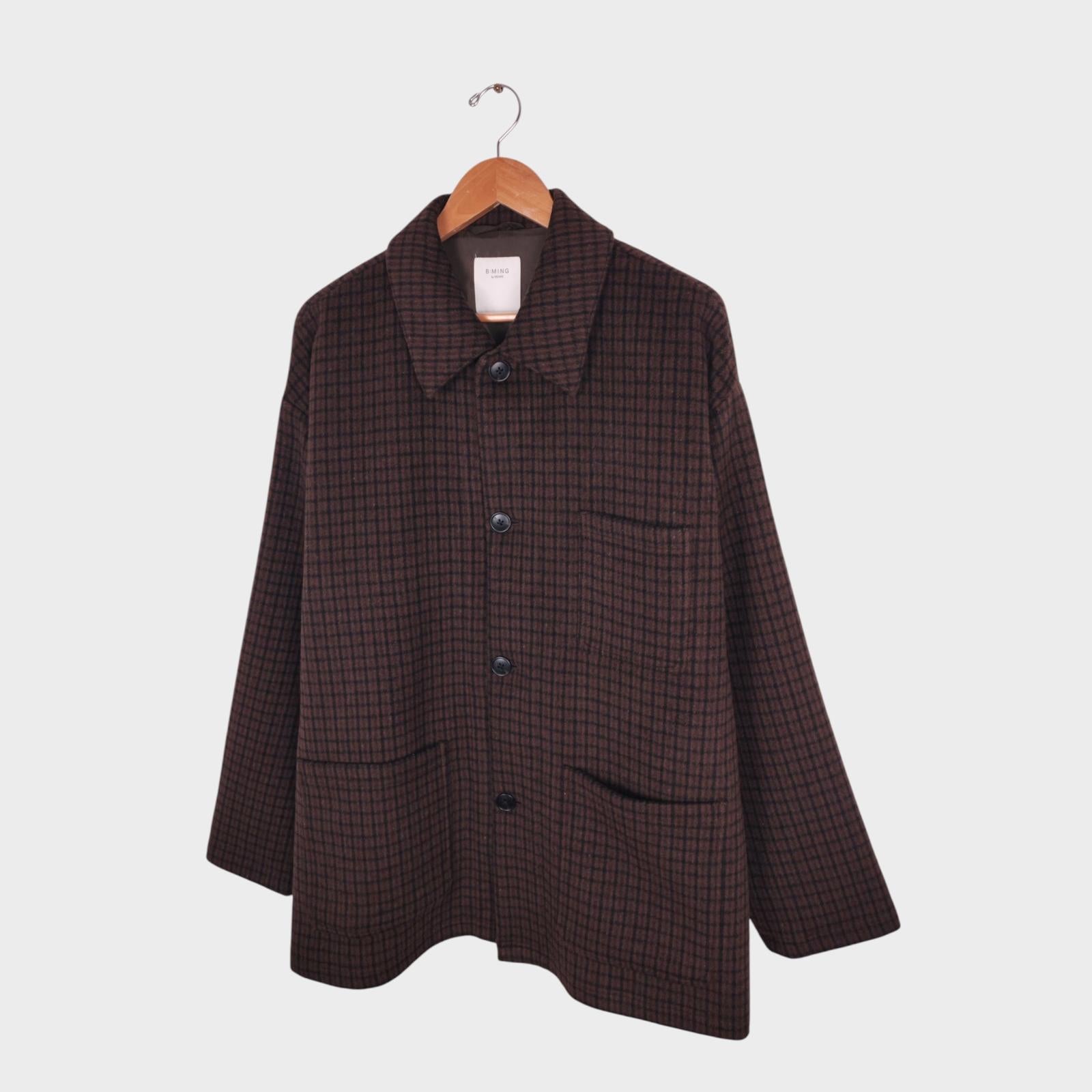 BEAMS B:MING Men's Brown Check Tasmania Wool Blend Chore Jacket