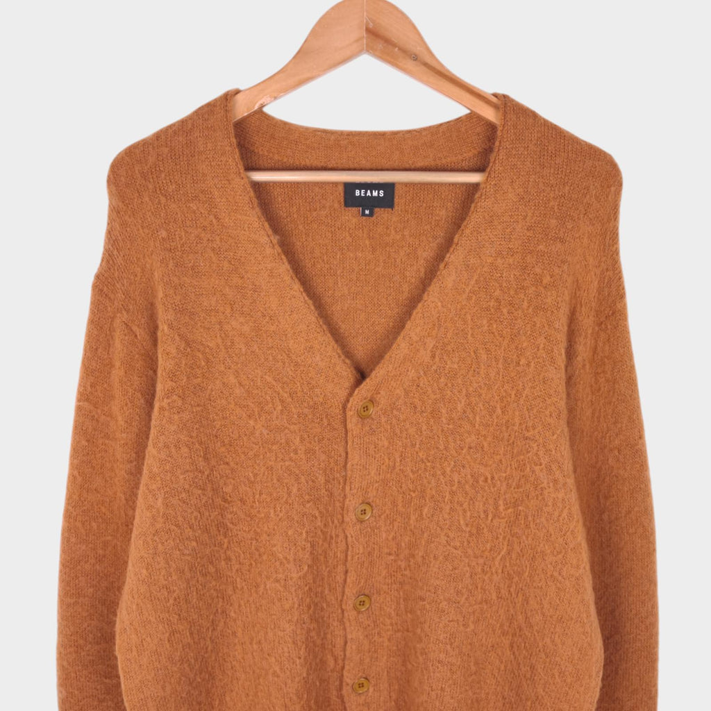 BEAMS Men's Tan/Camel Mohair Blend Shaggy Grunge Cardigan