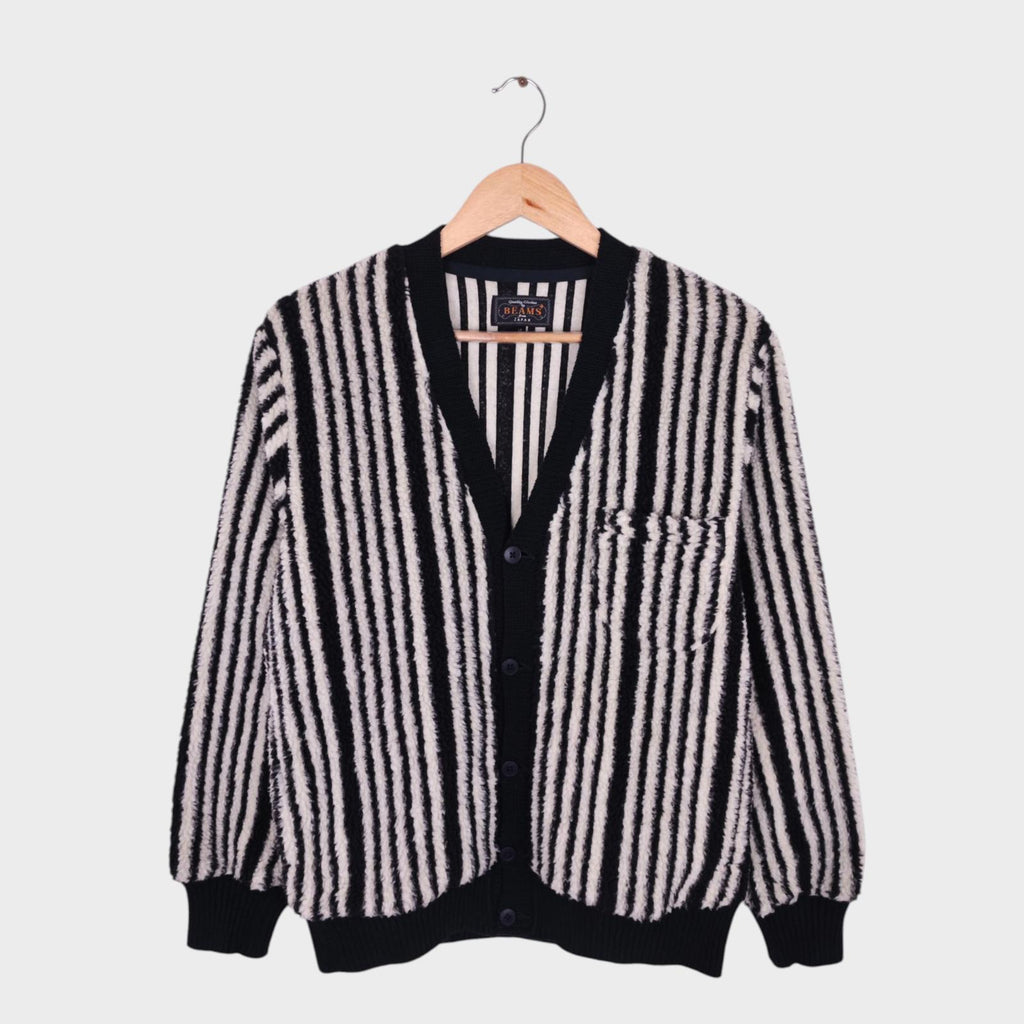 BEAMS PLUS Men's Black & White Striped Fleece Cardigan