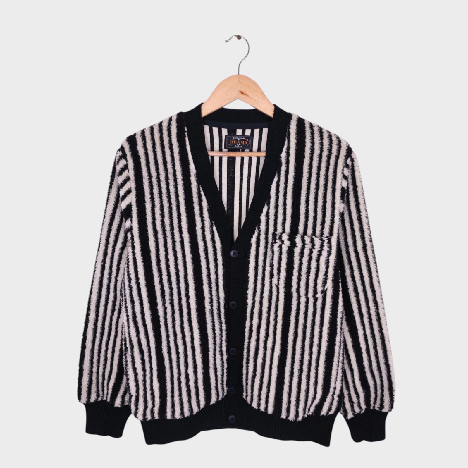 BEAMS PLUS Men's Black & White Striped Fleece Cardigan