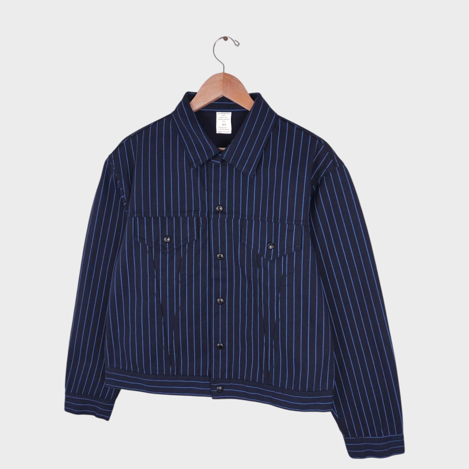 ANDFAMILYS CO KYOTO Men's Made in Japan Navy Blue Striped Cropped Fitted Trucker Jacket