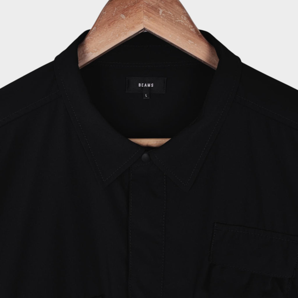 BEAMS Men's Black Oversized Fit Utility Pullover Action Overshirt