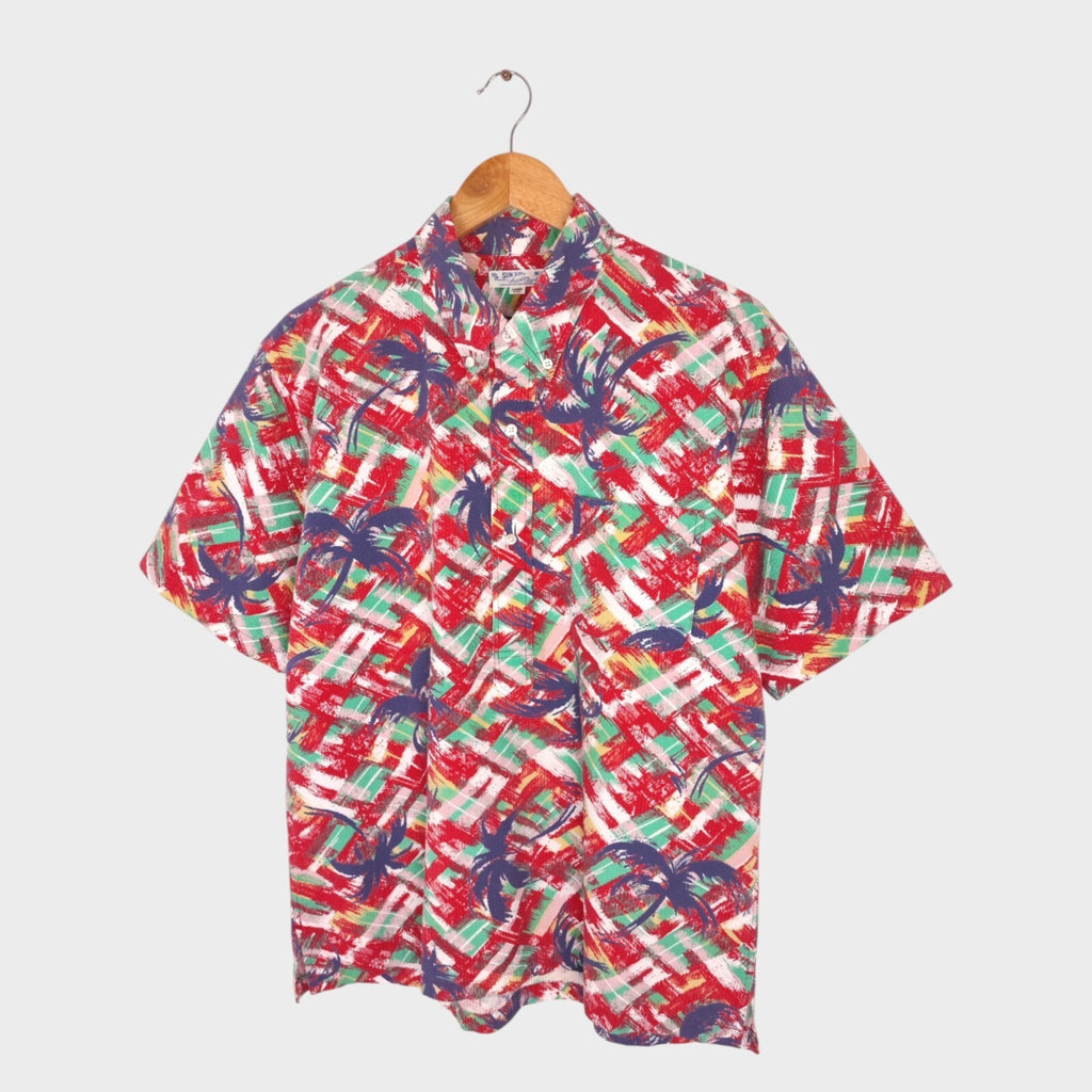 SUN SURF Men's Multicoloured Palm Tree Print Seersucker Half Placket Shirt