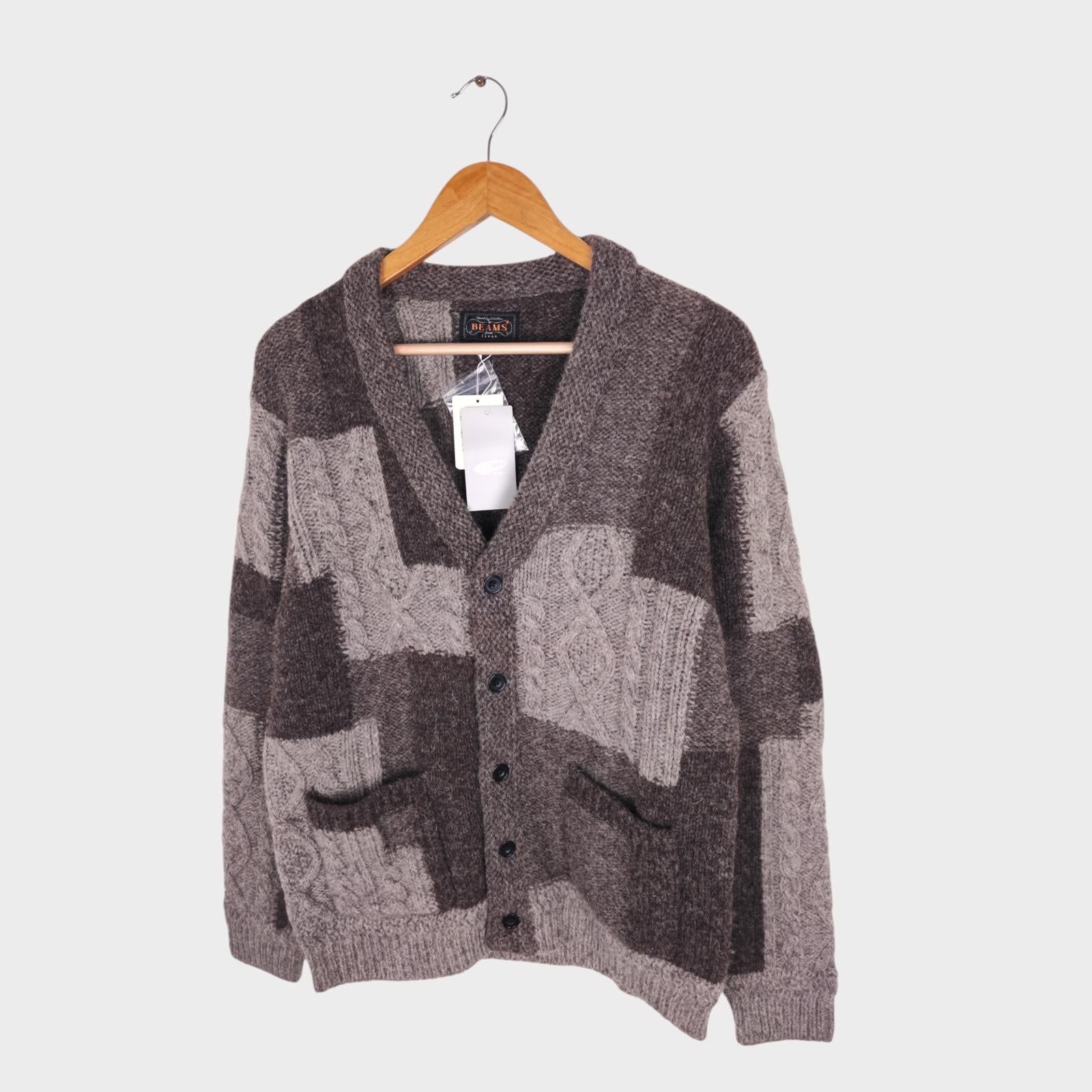 BEAMS PLUS Men's 100% Wool Patchwork Knit Cardigan