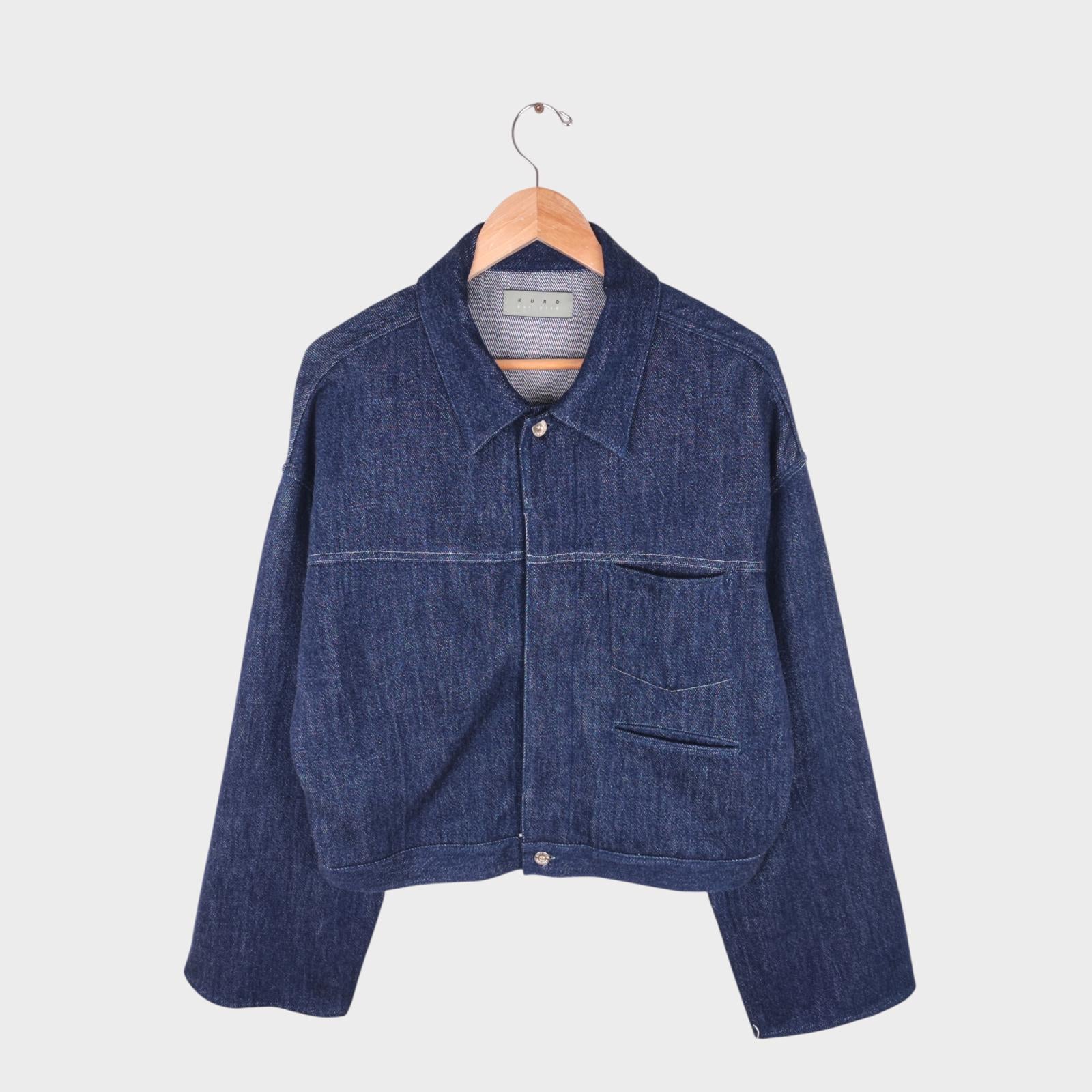 KURO Men's Blue Made in Japan Cropped Boxy Fit Raw Oversized Sleeve Denim Jacket