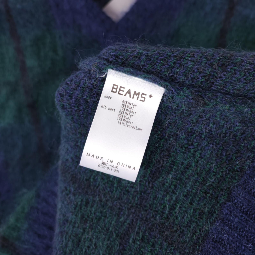BEAMS PLUS Men's Navy/Green Check Shaggy Mohair Wool Blend Vest