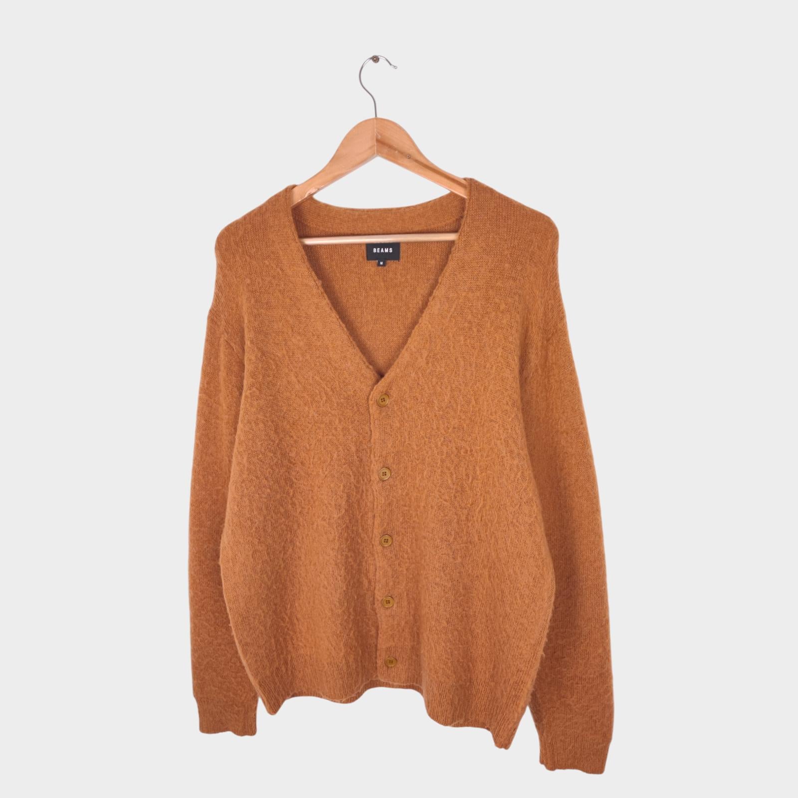 BEAMS Men's Tan/Camel Mohair Blend Shaggy Grunge Cardigan