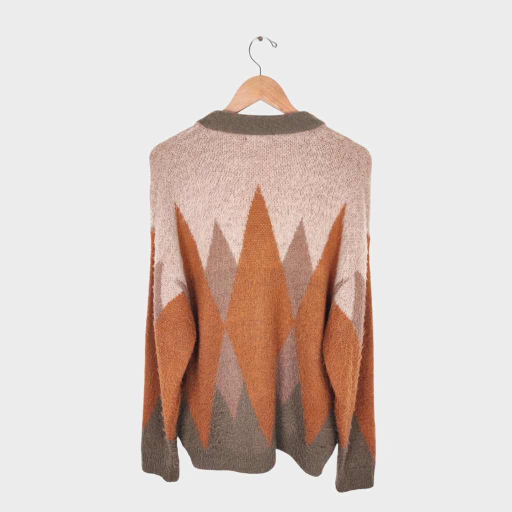 BEAMS HEART Men's Mohair Blend Shaggy Grunge Argyle Cardigan