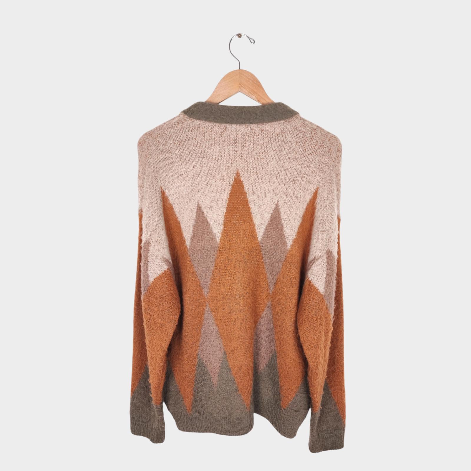 BEAMS HEART Men's Mohair Blend Shaggy Grunge Argyle Cardigan
