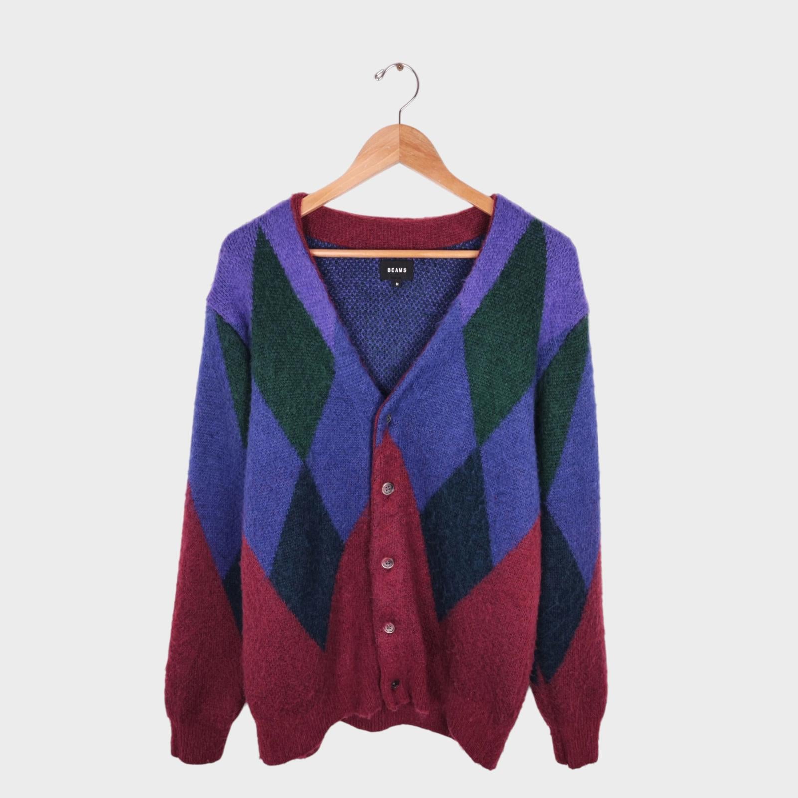 BEAMS Men's Mohair Wool Blend Shaggy Grunge Argyle Cardigan